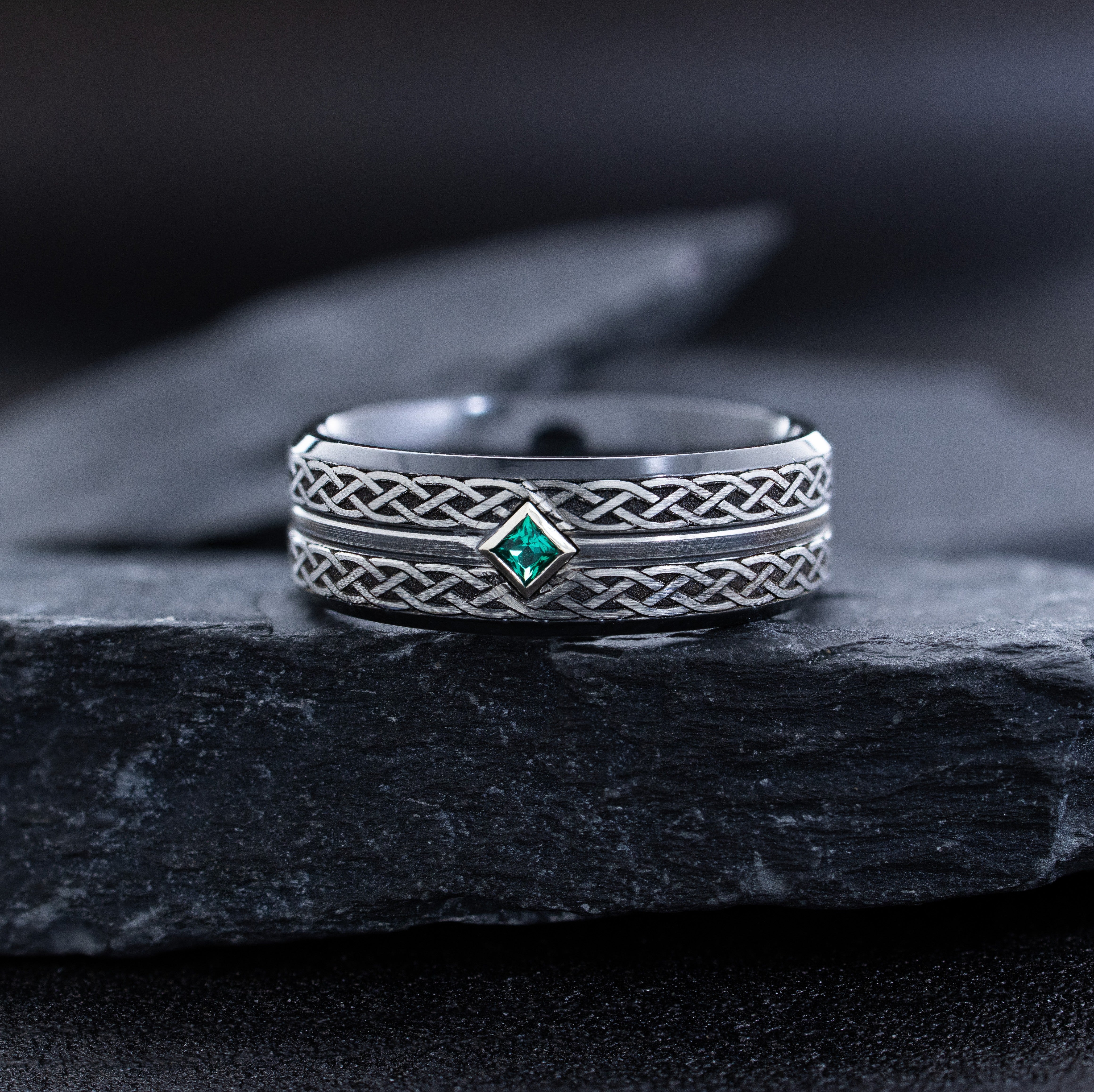 8mm Grooved Black Zirconium Ring with Engraved Braids and Gemstone