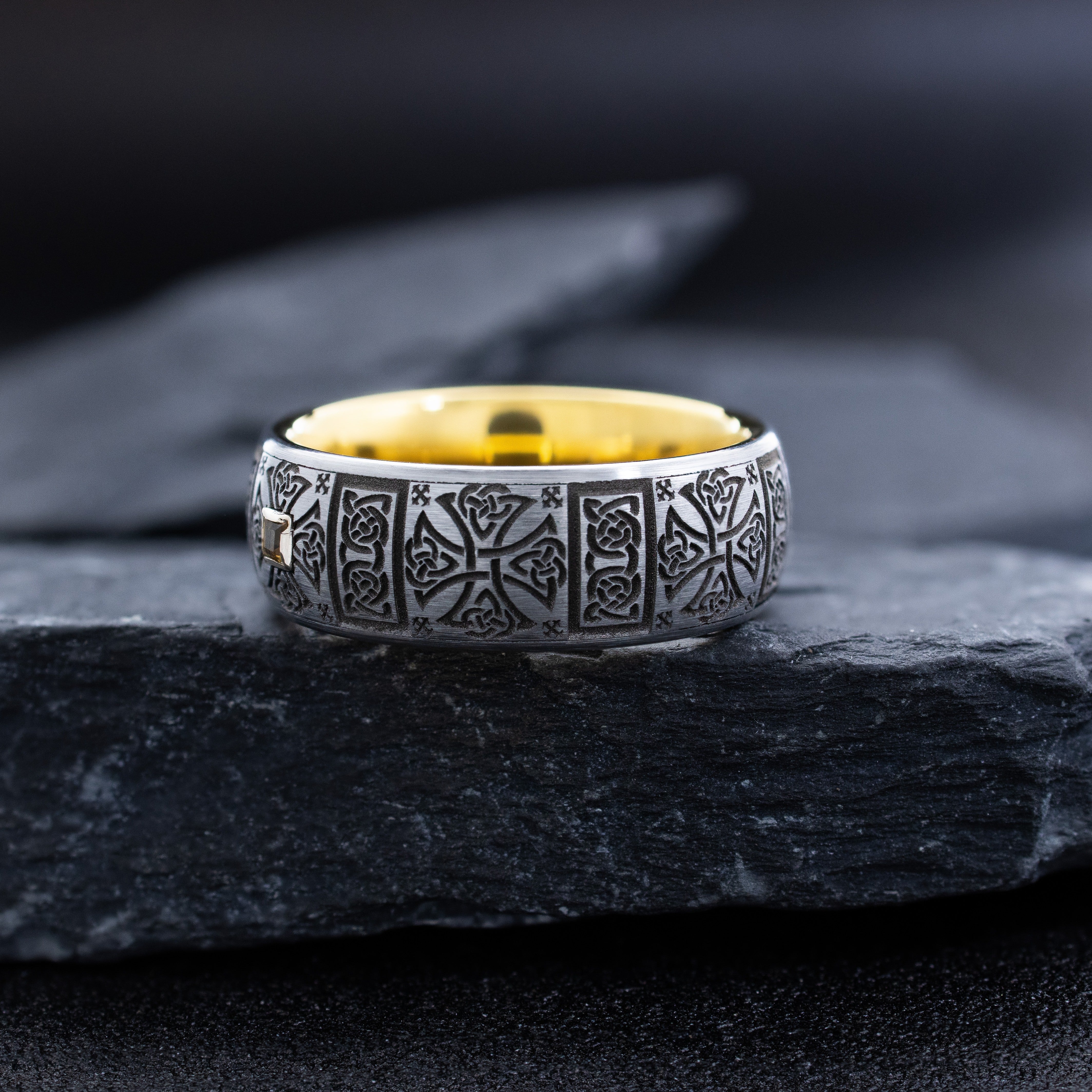 Yellow Gold Plated 8mm Deep Engraved Tungsten Carbide Ring with Celtic Crosses and Princess Cut Gemstone