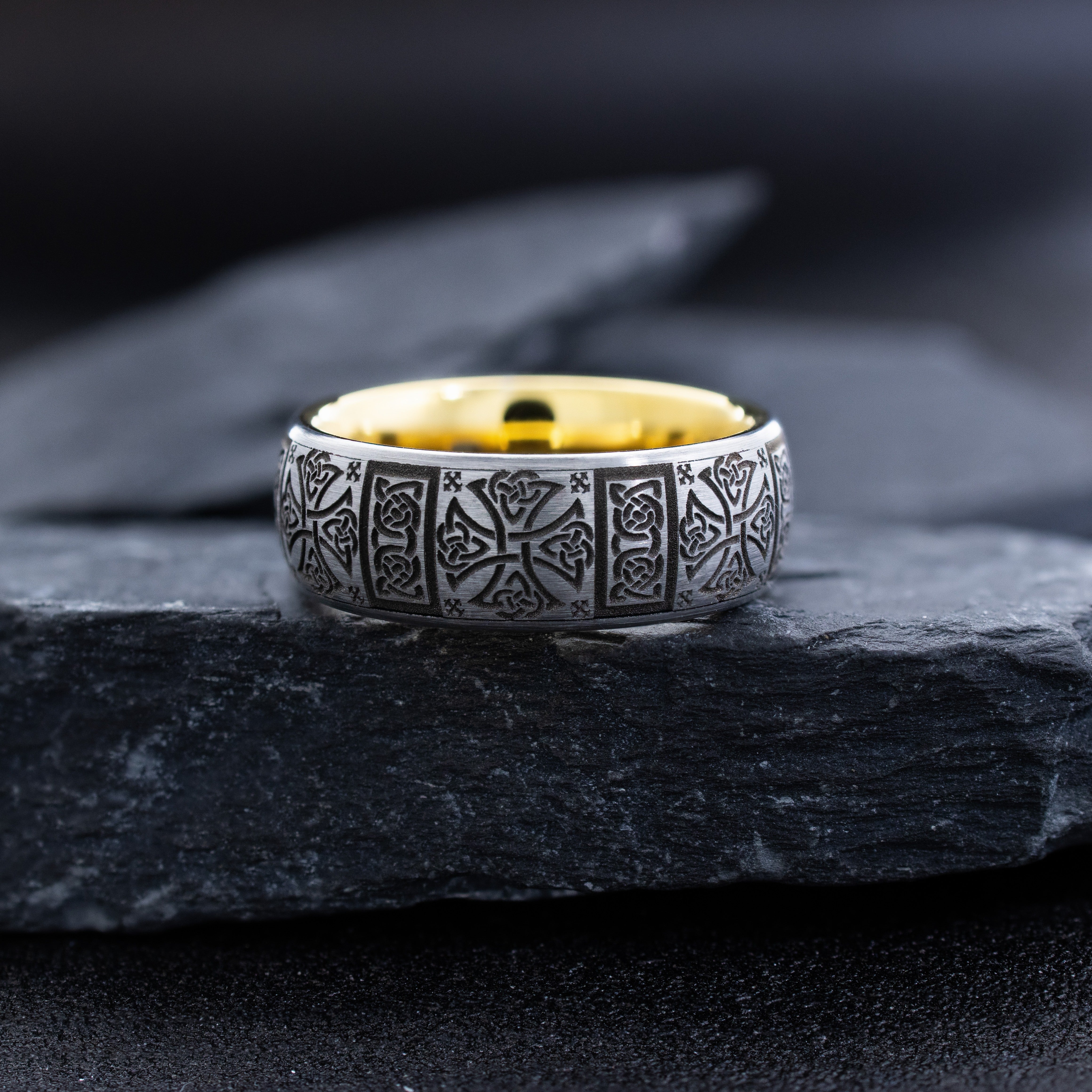 Yellow Gold Plated 8mm Deep Engraved Tungsten Carbide Ring with Celtic Crosses and Princess Cut Gemstone