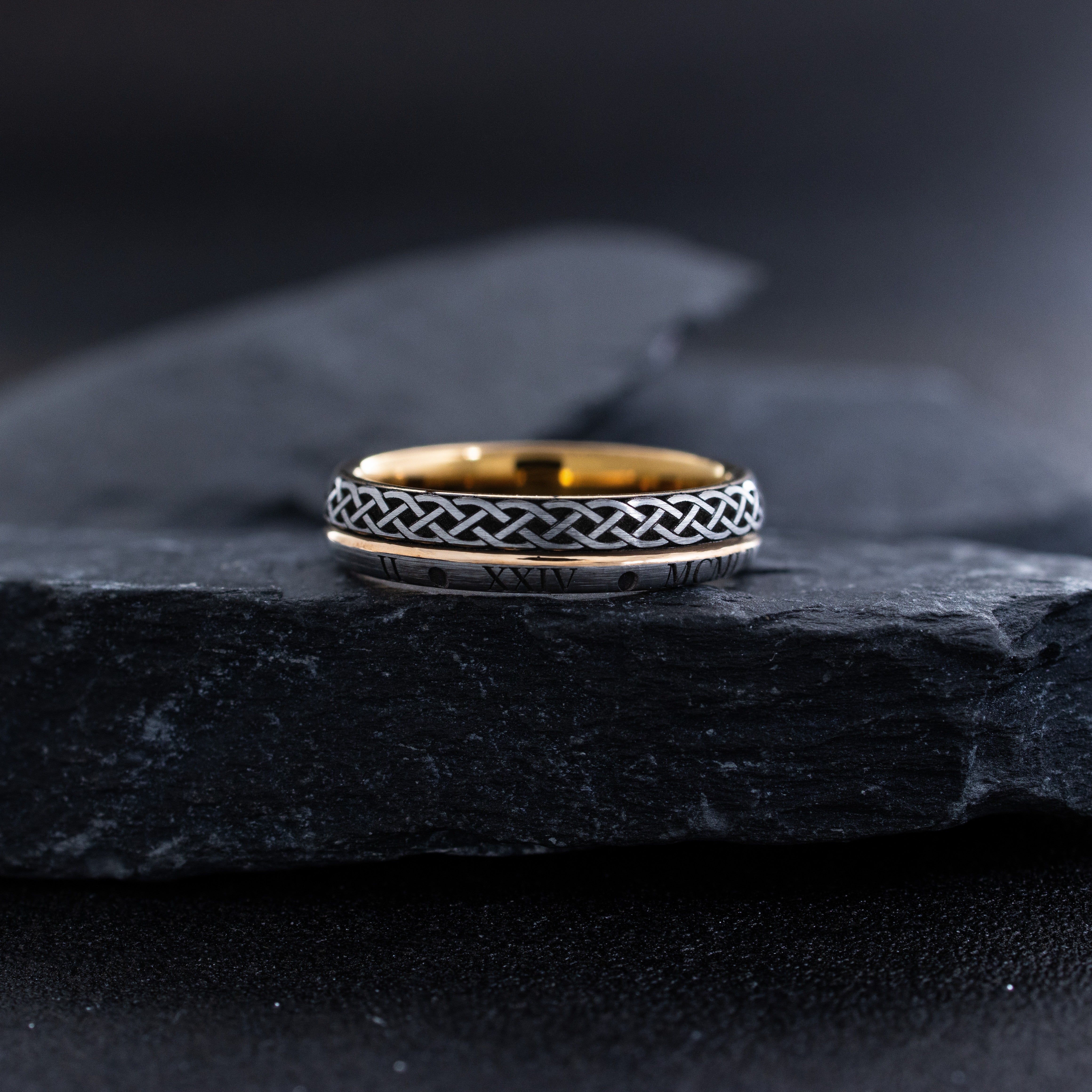 5mm Rose Gold Plated and Black Tungsten Carbide with Celtic Knot and Roman Numeral Date