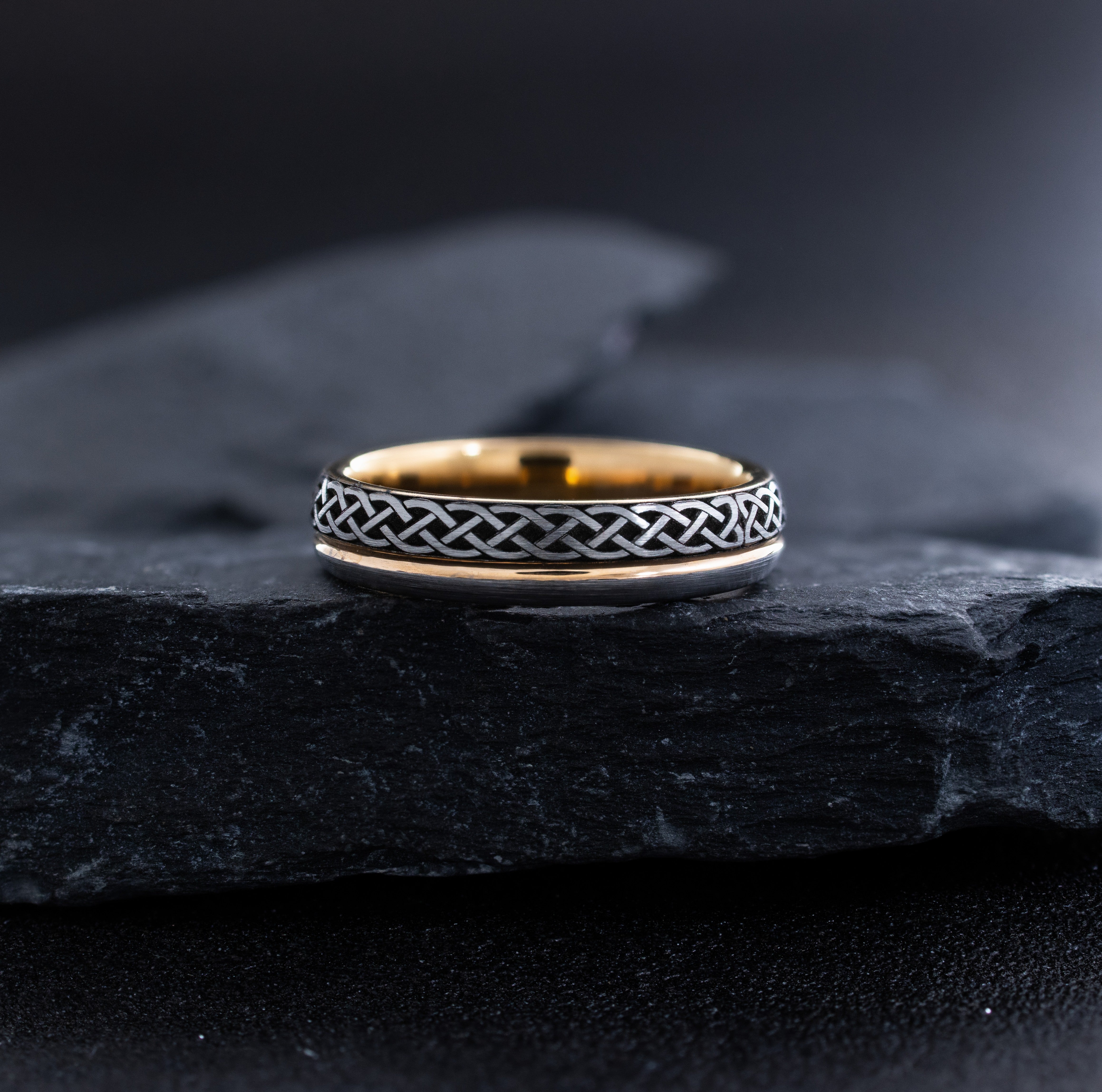 5mm Rose Gold Plated and Black Tungsten Carbide with Celtic Knot and Roman Numeral Date