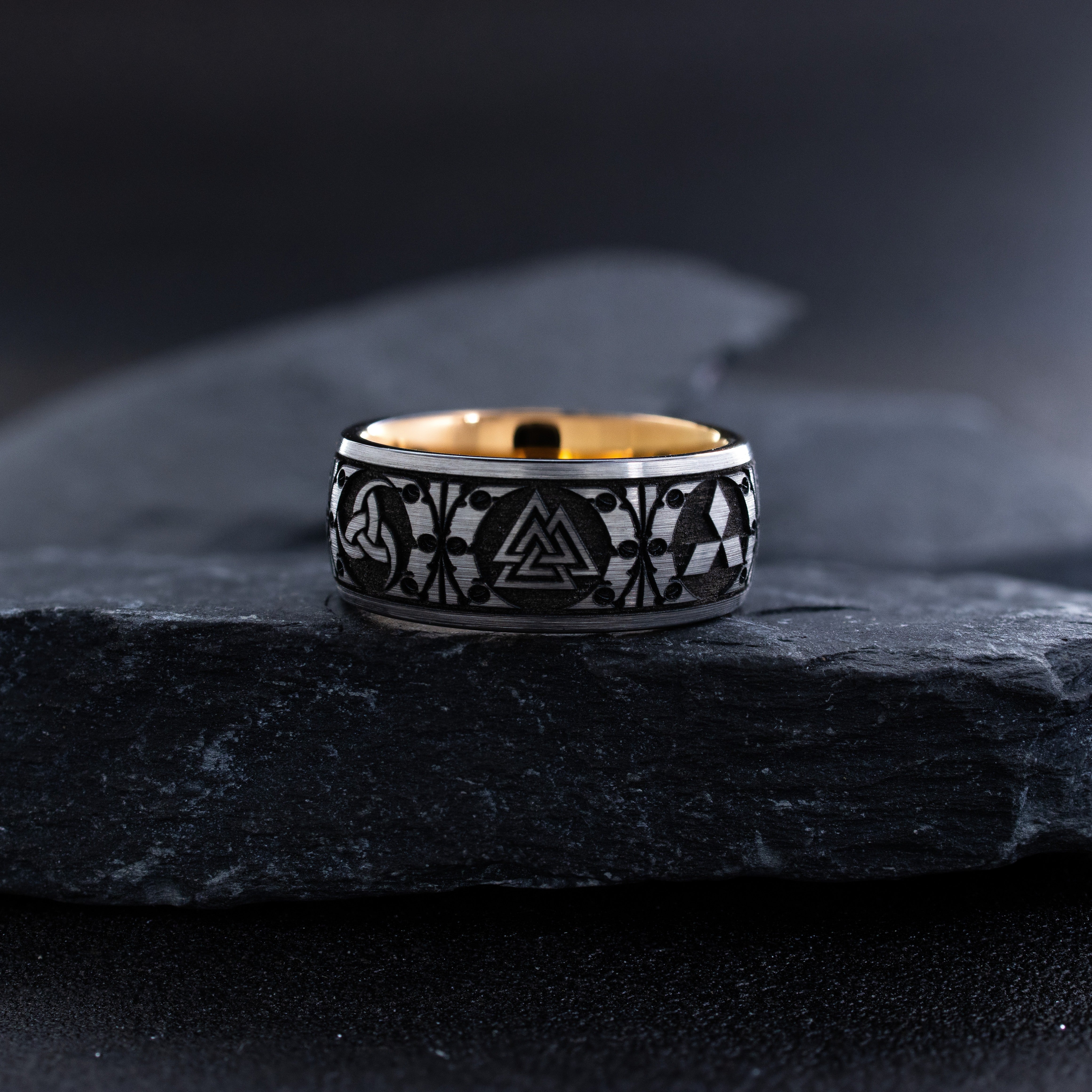 8mm Rose Gold Plated Tungsten Carbide Ring with Engraved Norse Viking Symbols and Runes