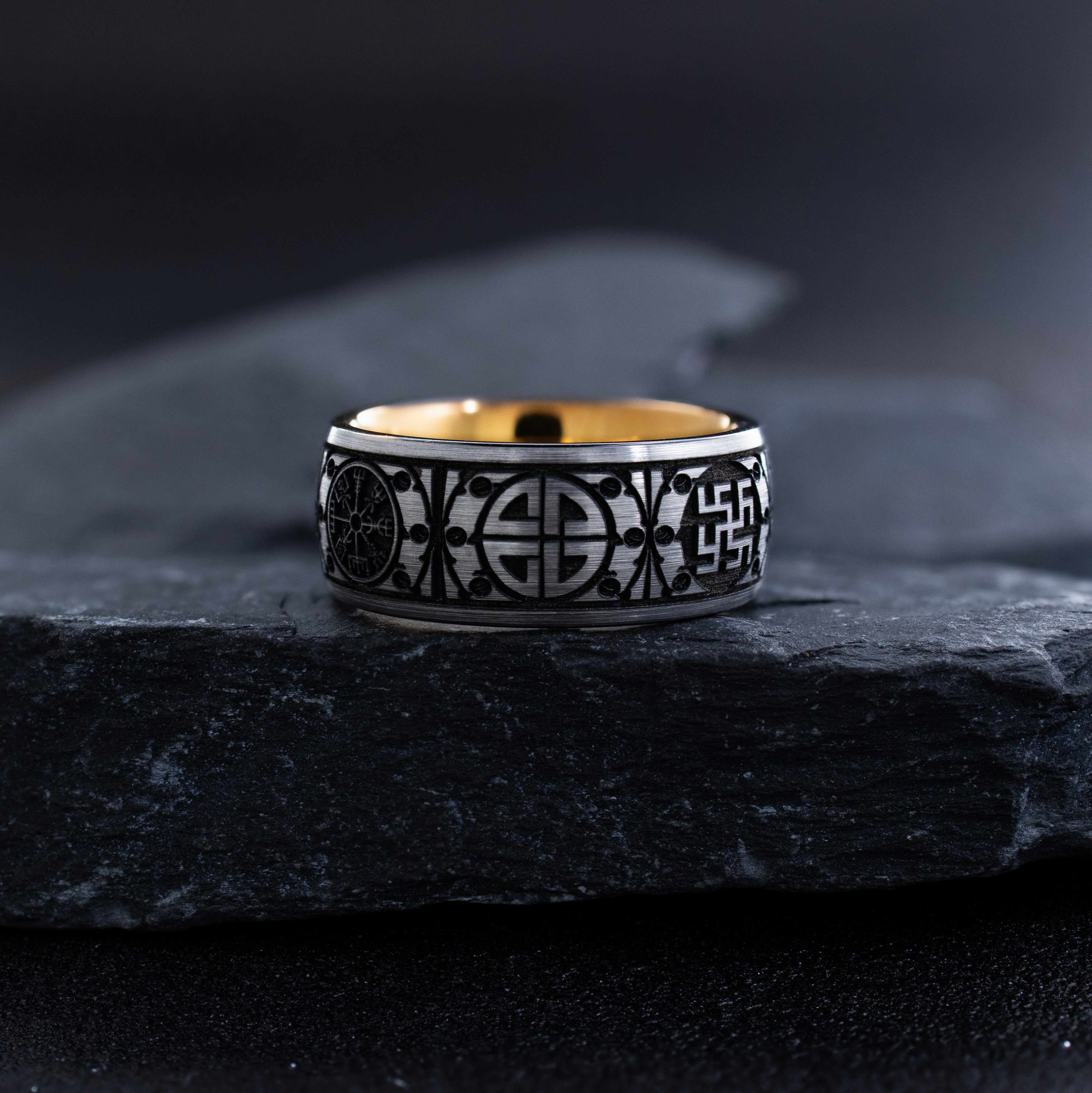 8mm Rose Gold Plated Tungsten Carbide Ring with Engraved Norse Viking Symbols and Runes