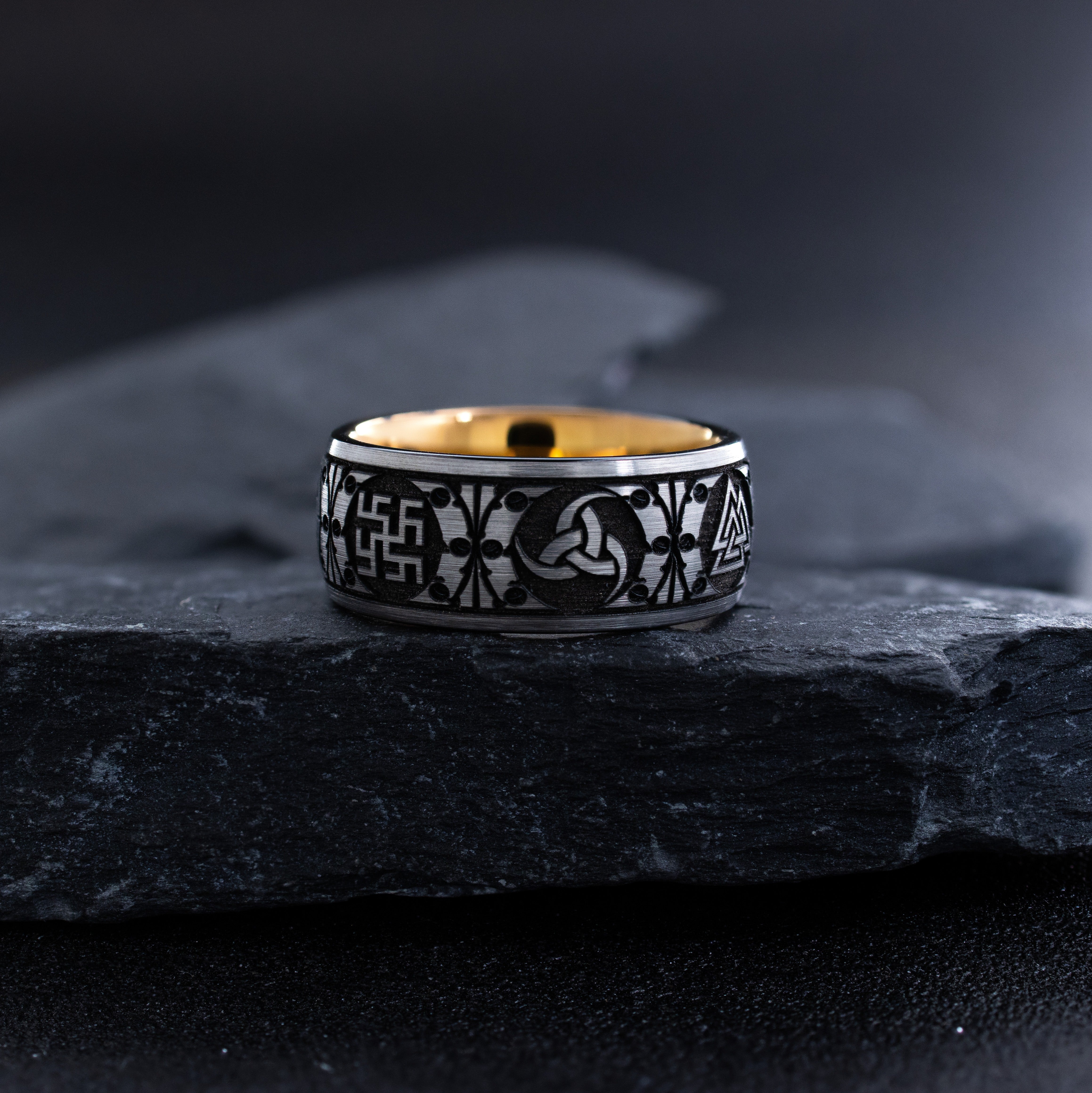8mm Rose Gold Plated Tungsten Carbide Ring with Engraved Norse Viking Symbols and Runes