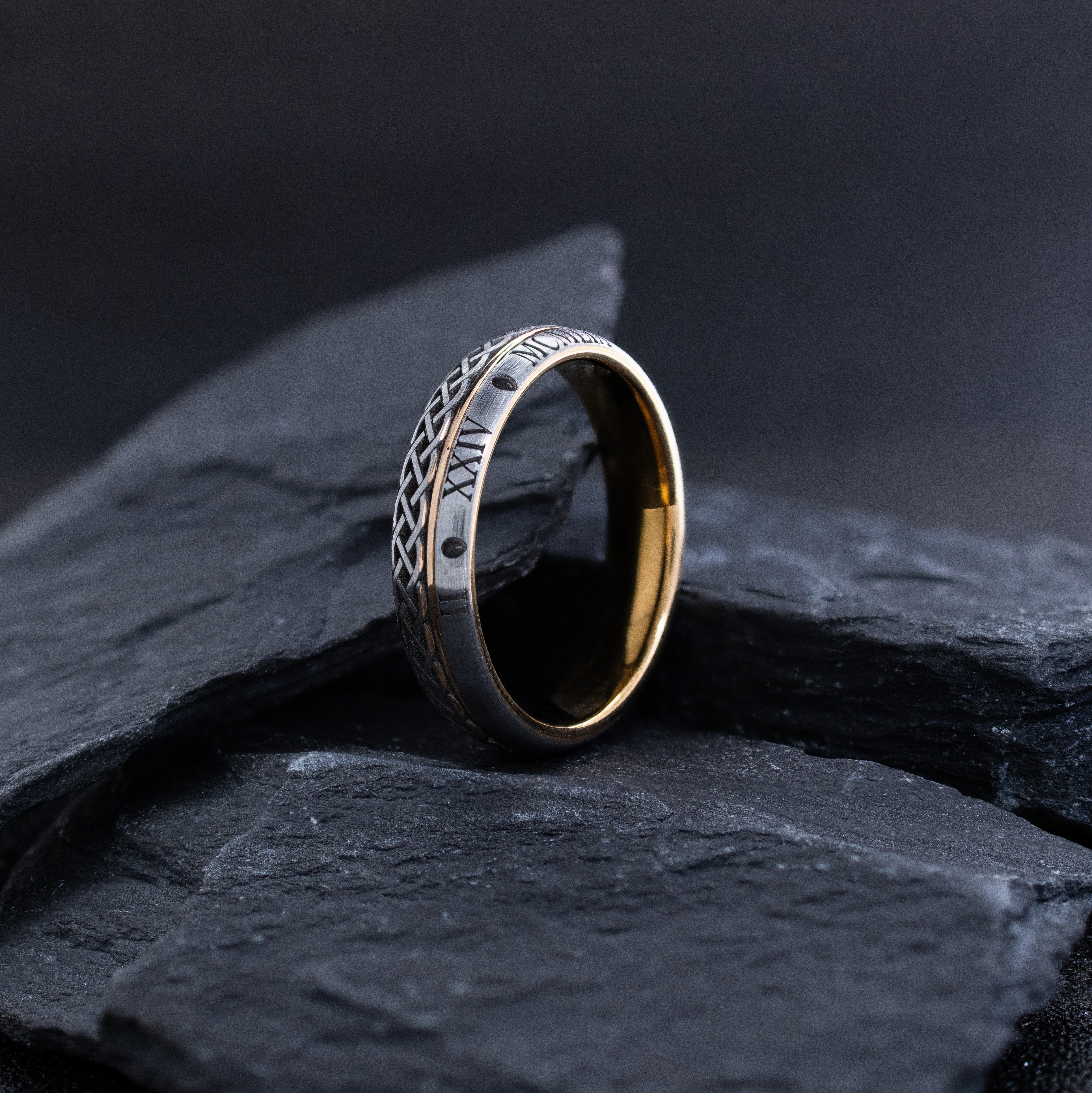 5mm Rose Gold Plated and Black Tungsten Carbide with Celtic Knot and Roman Numeral Date