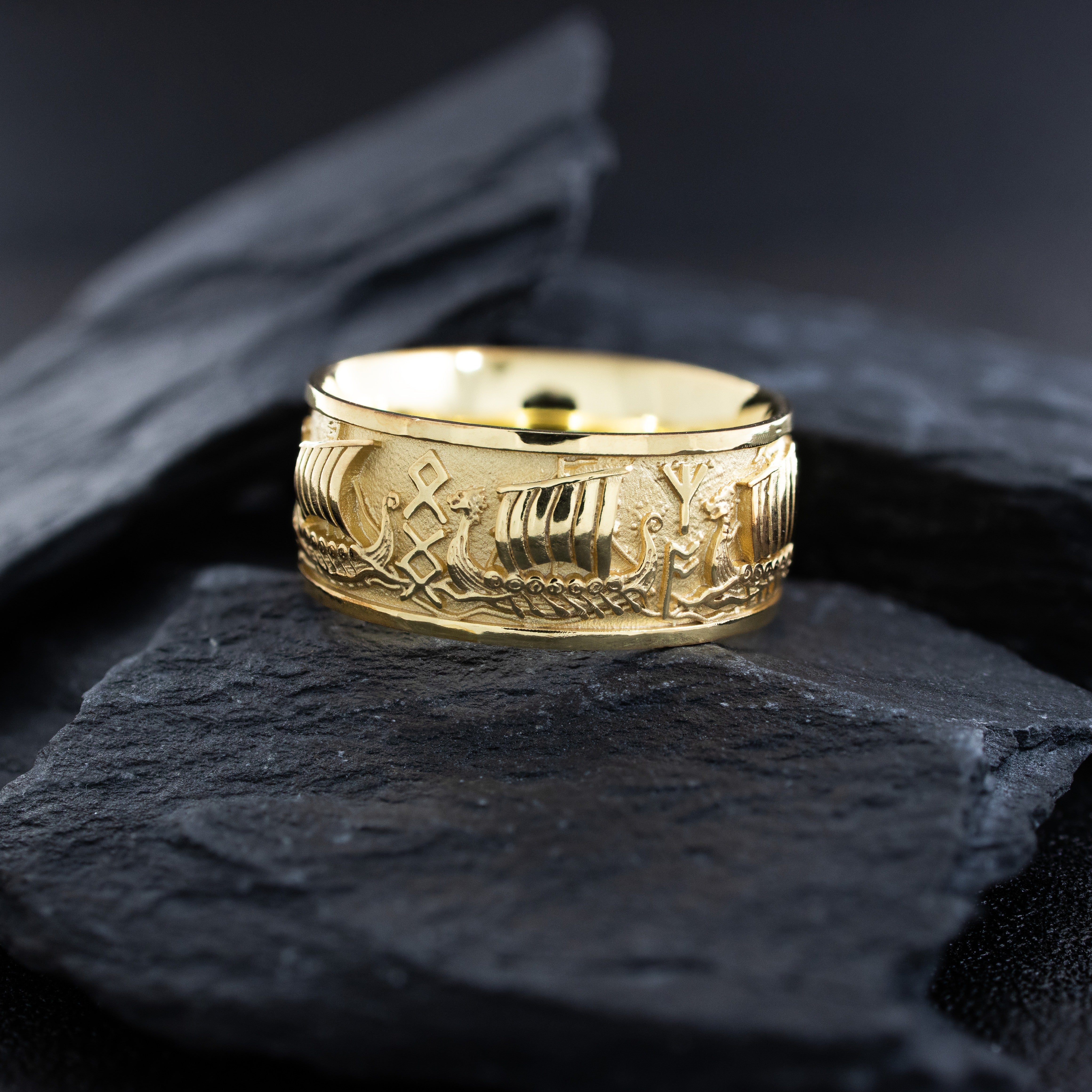 10mm, Dome Shaped, 14k and 18k Solid Yellow Gold Ring with Norse Runes and Viking Warships