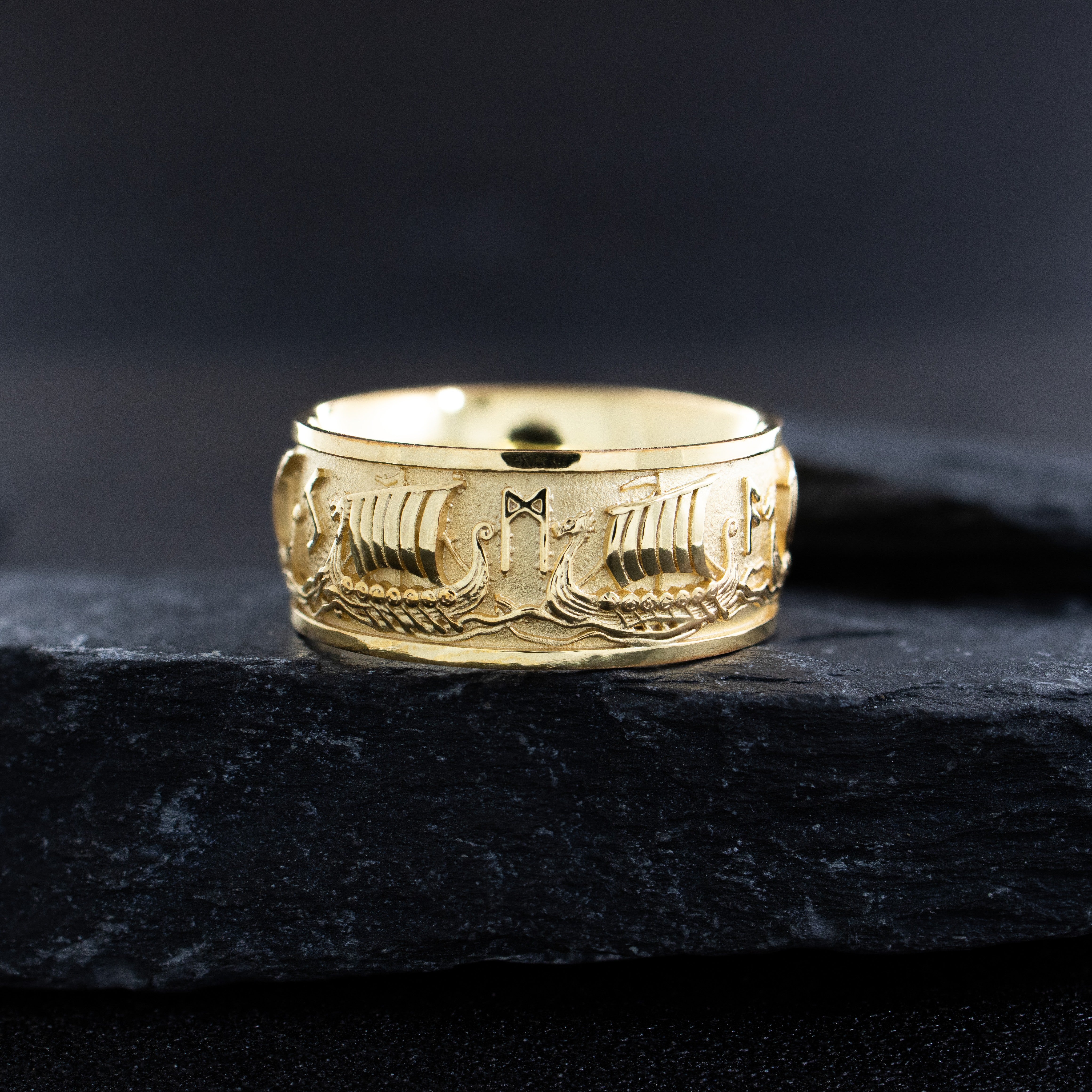 10mm, Dome Shaped, 14k and 18k Solid Yellow Gold Ring with Norse Runes and Viking Warships