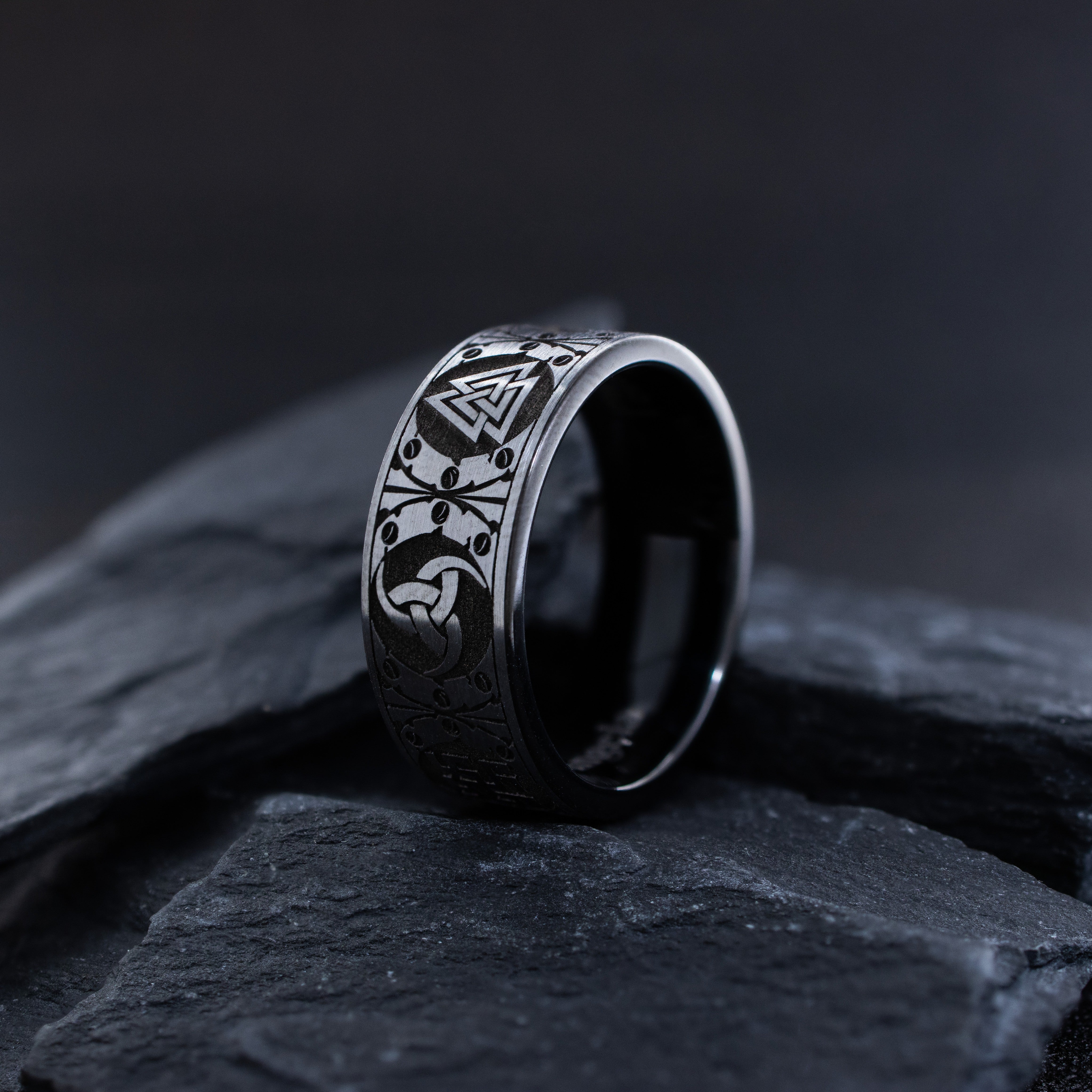 9mm Black and Silver Tungsten Carbide Ring with Engraved Norse Viking Symbols