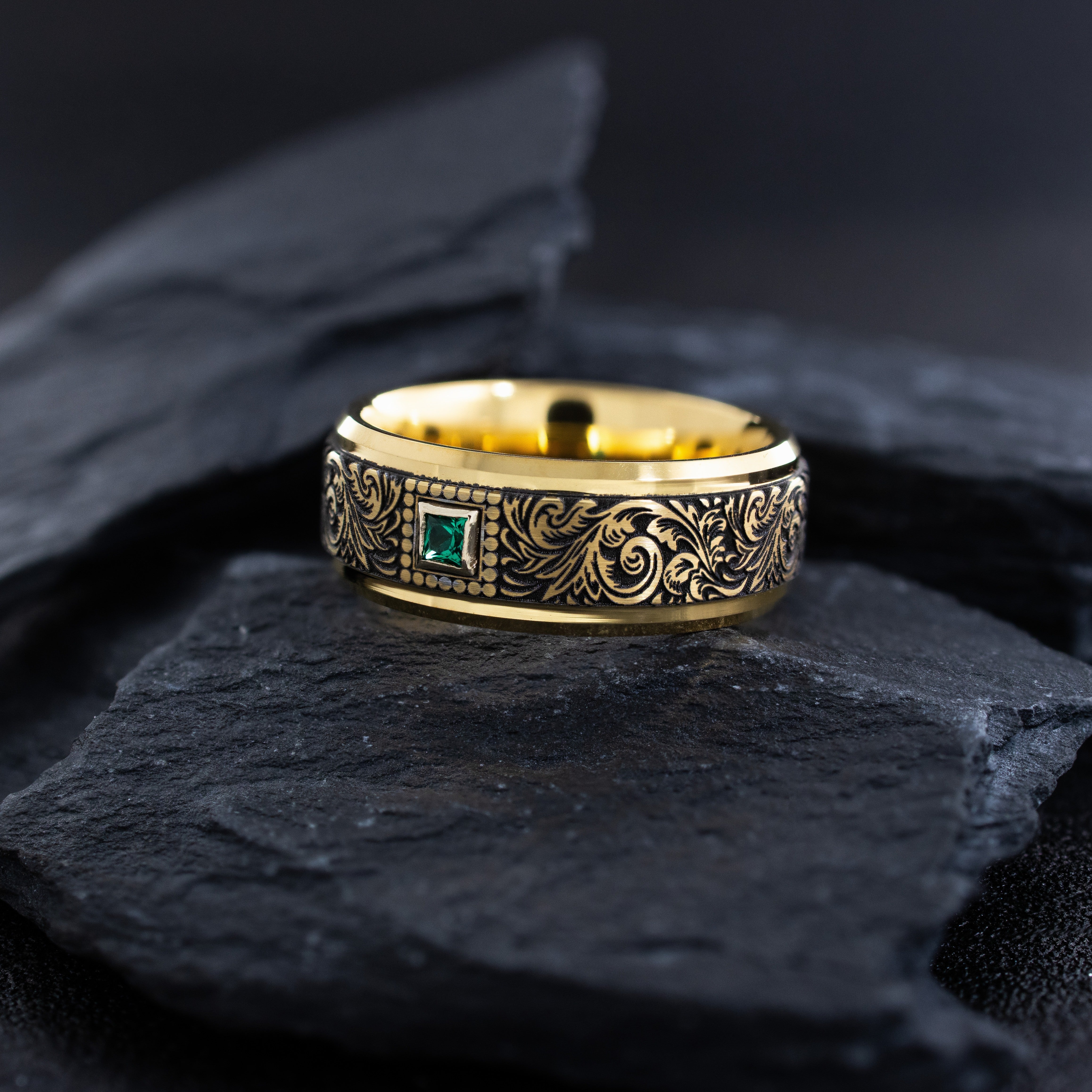 Yellow Gold Plated 8mm Tungsten Carbide Ring With Princess Cut Gemstone and Victorian Style Floral Deep Engravings