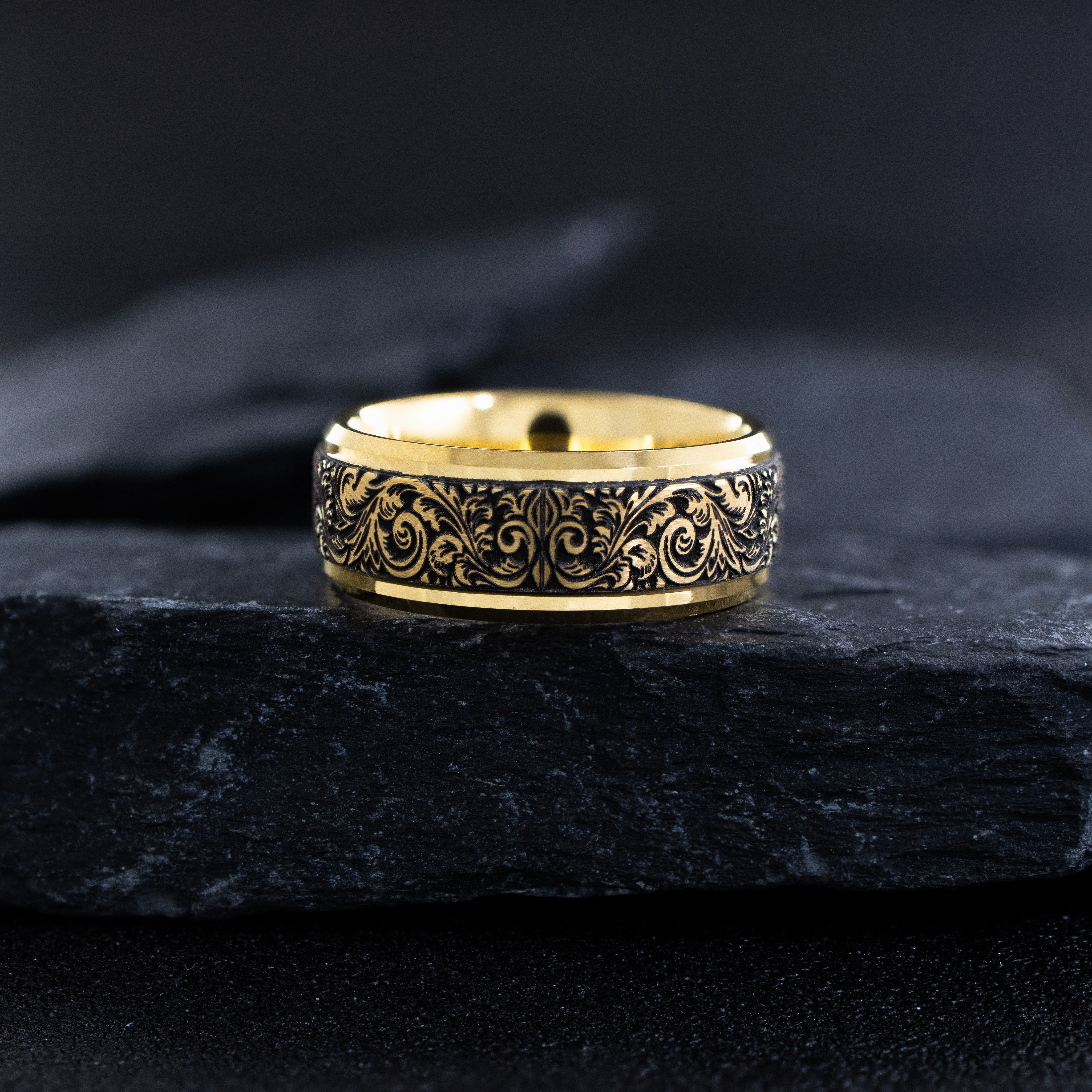 Yellow Gold Plated 8mm Tungsten Carbide Ring With Princess Cut Gemstone and Victorian Style Floral Deep Engravings