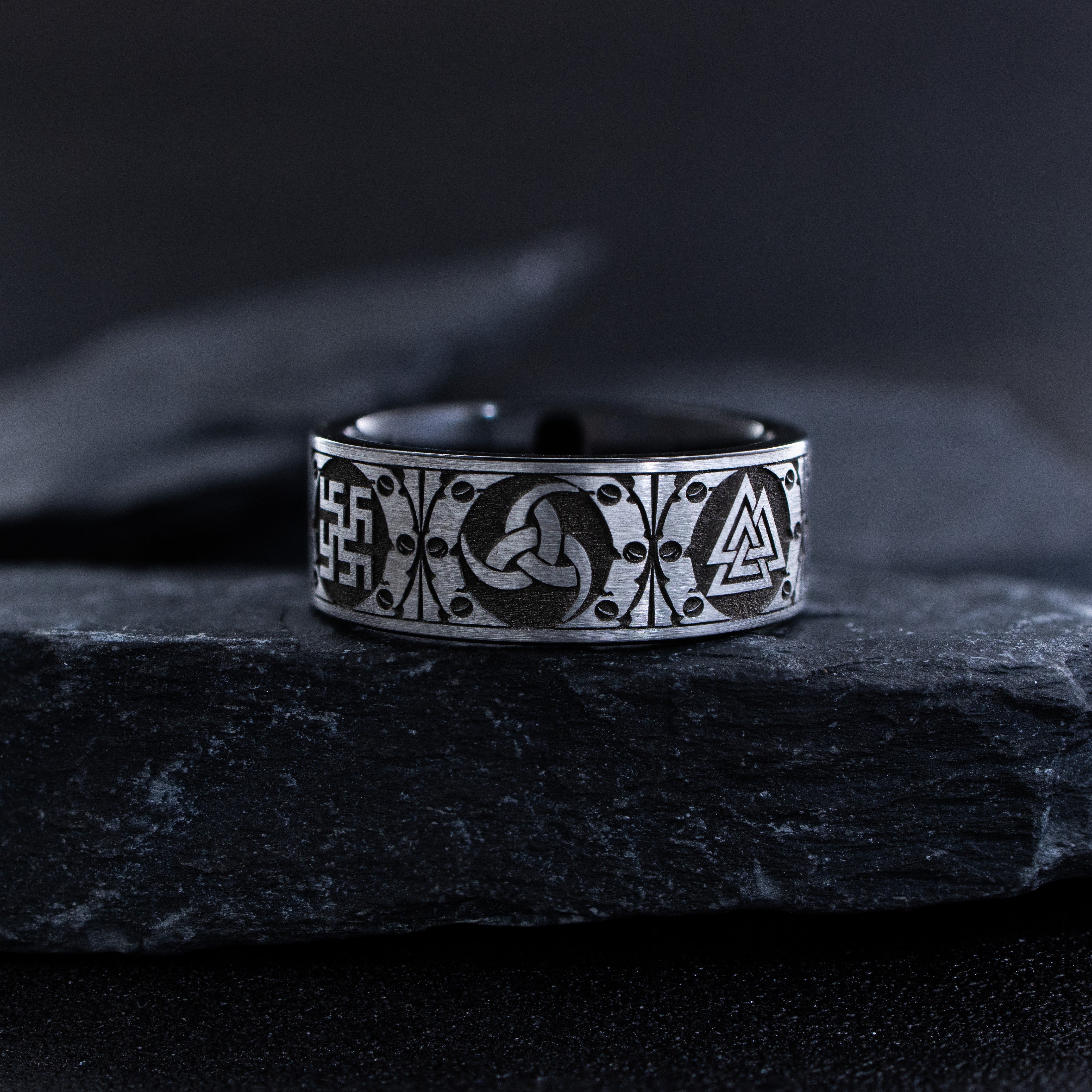 9mm Black and Silver Tungsten Carbide Ring with Engraved Norse Viking Symbols