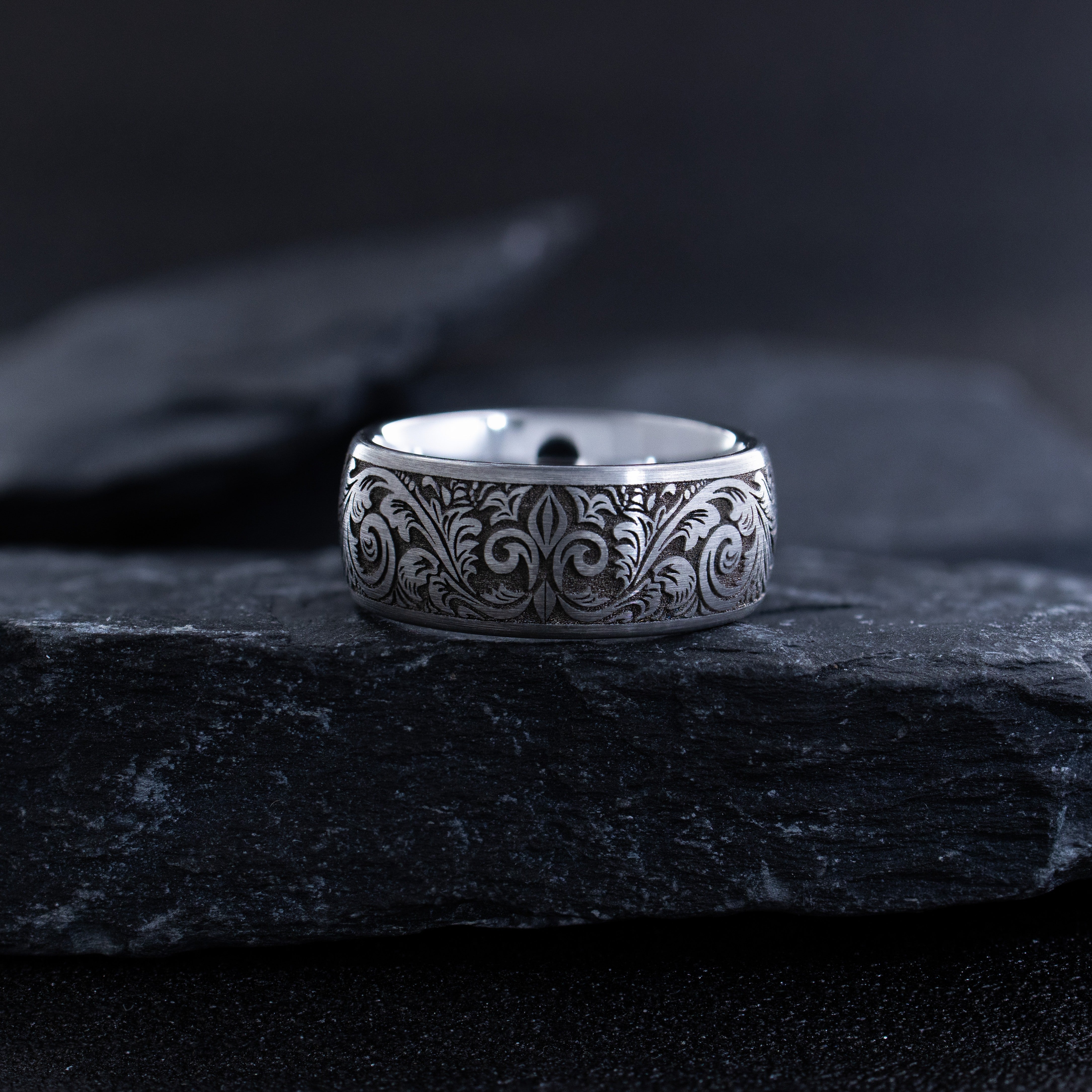 8mm Deep Engraved Tungsten Ring with Fleur de Lis and Victorian Engravings