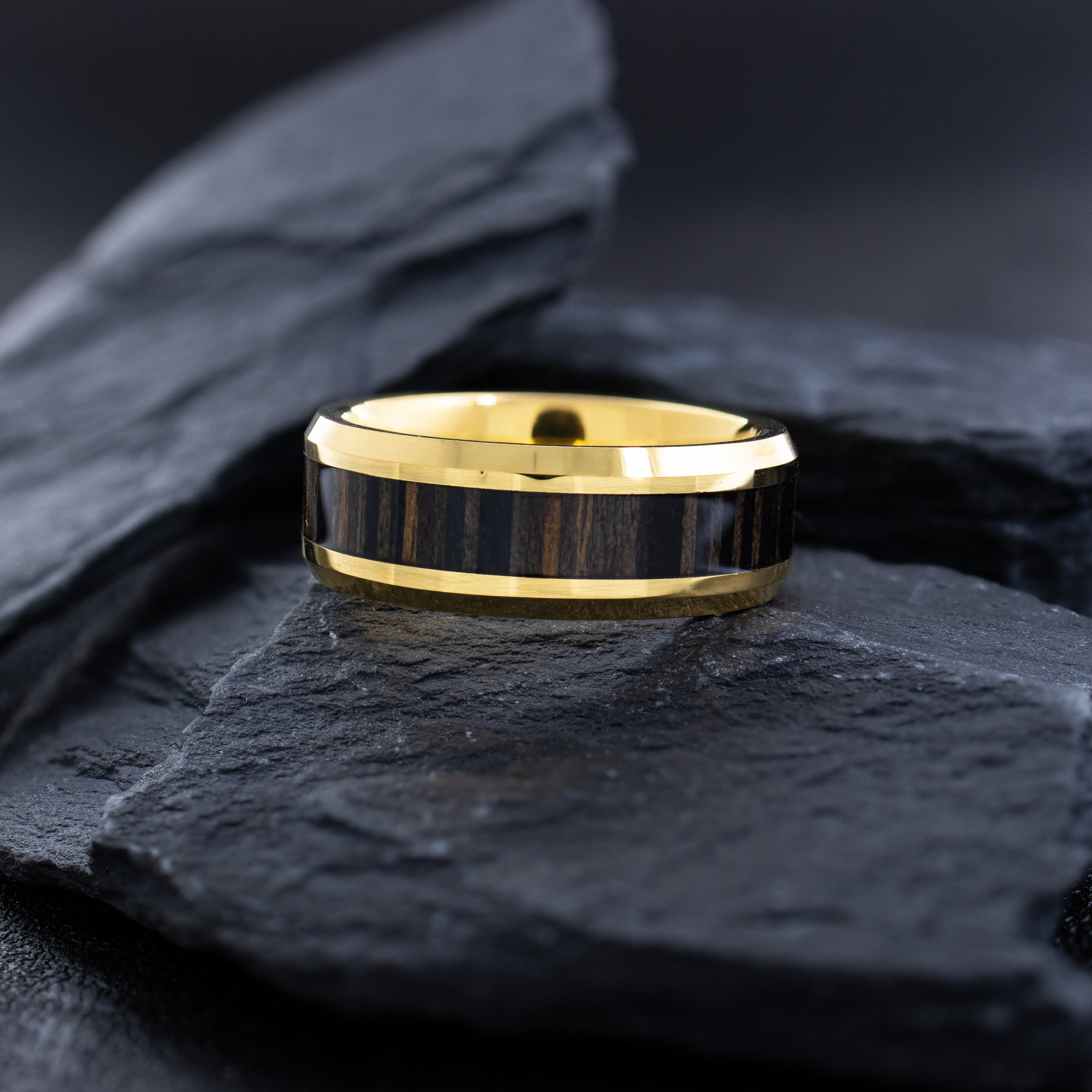 8mm Yellow Gold Plated Tungsten Ring with Zebra Wood Inlay