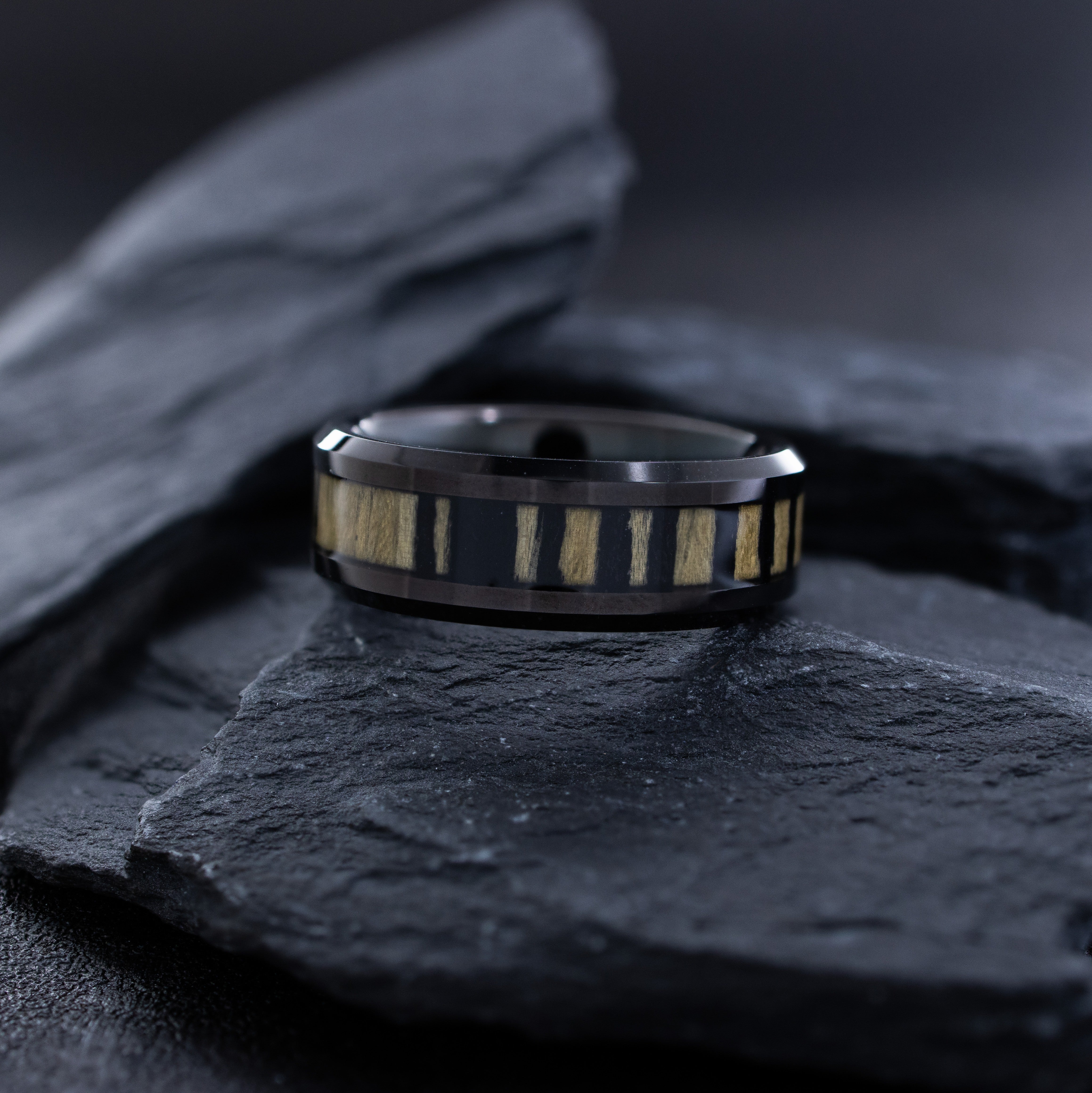 8mm Black Tungsten Ring with Zebra Wood Inlay