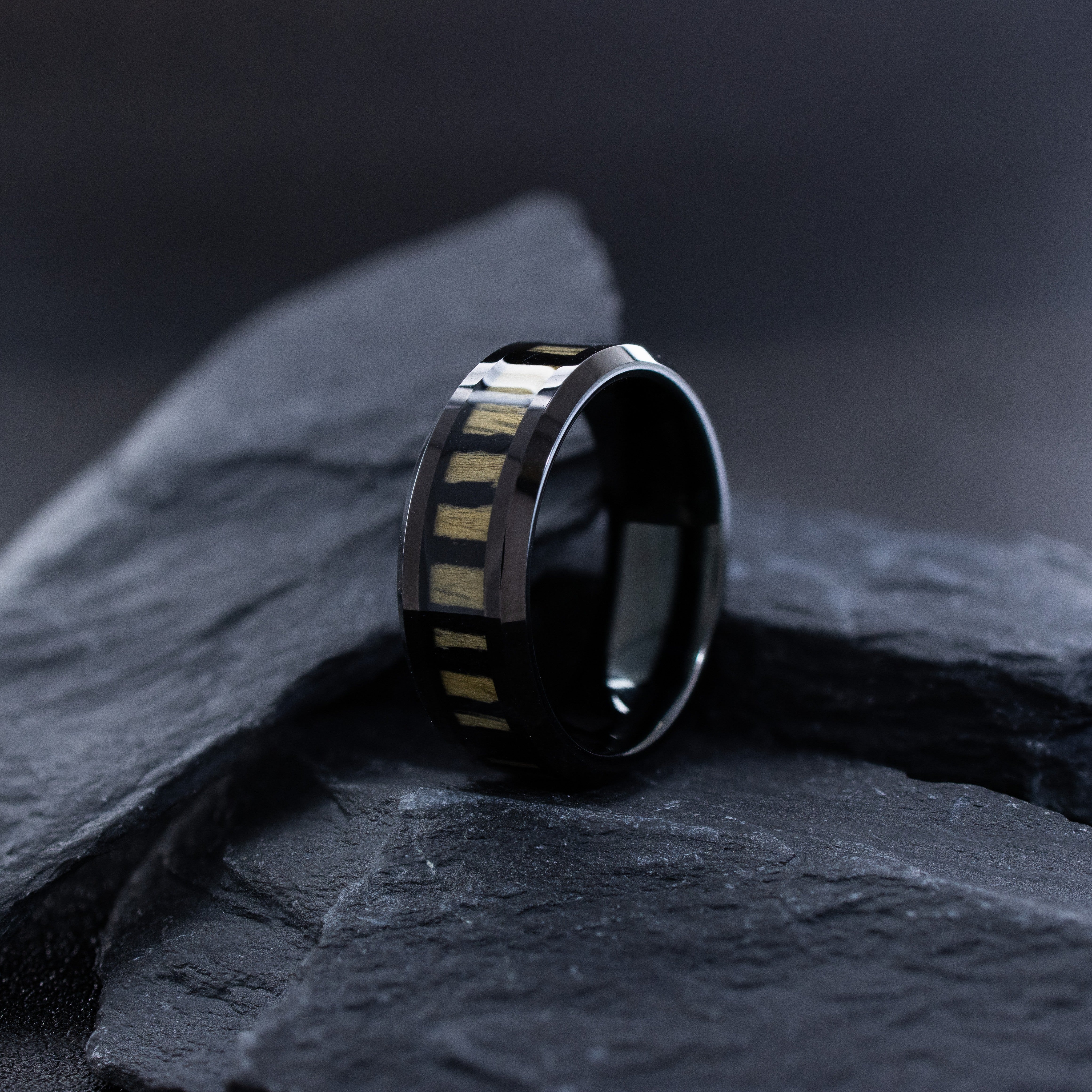 8mm Black Tungsten Ring with Zebra Wood Inlay