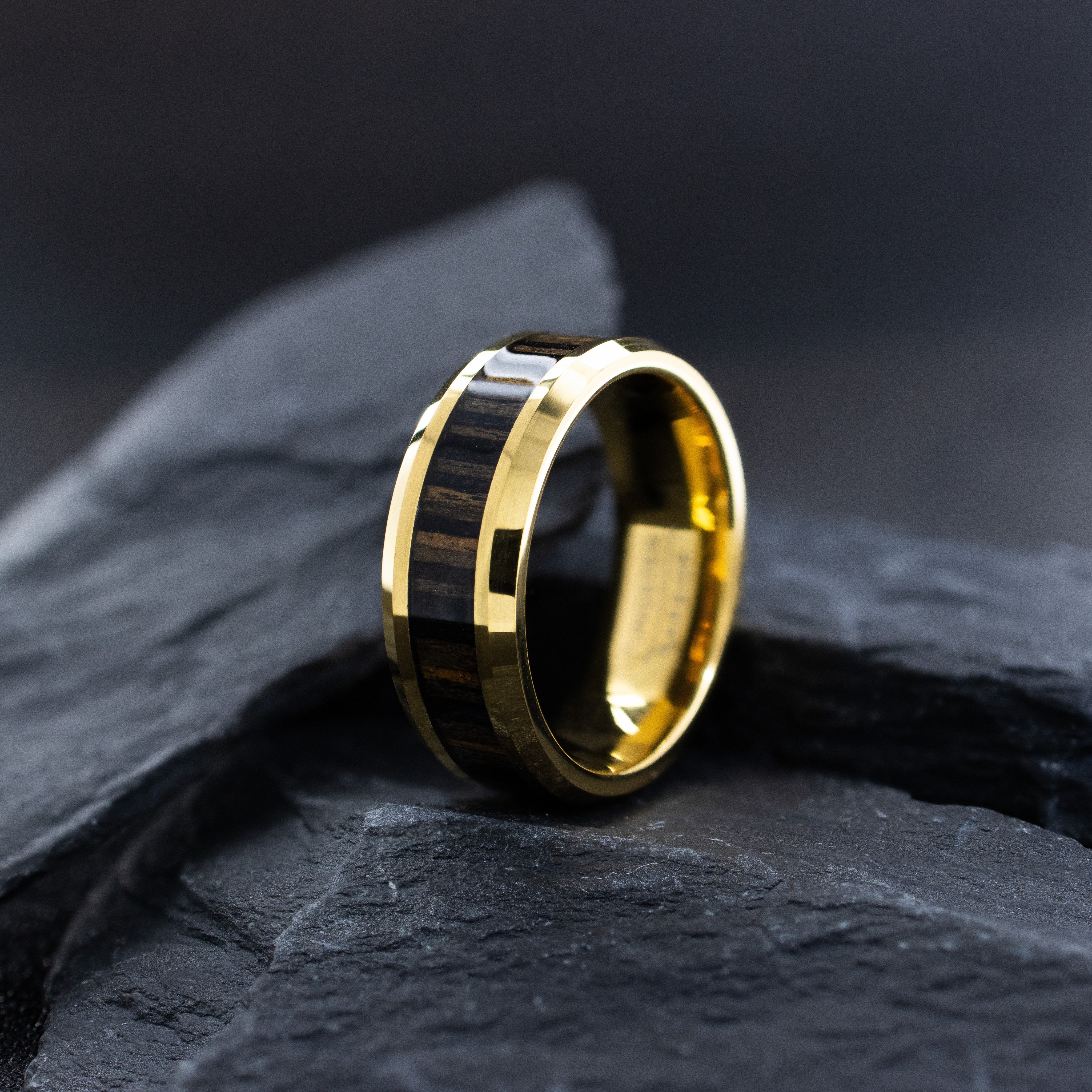 8mm Yellow Gold Plated Tungsten Ring with Zebra Wood Inlay