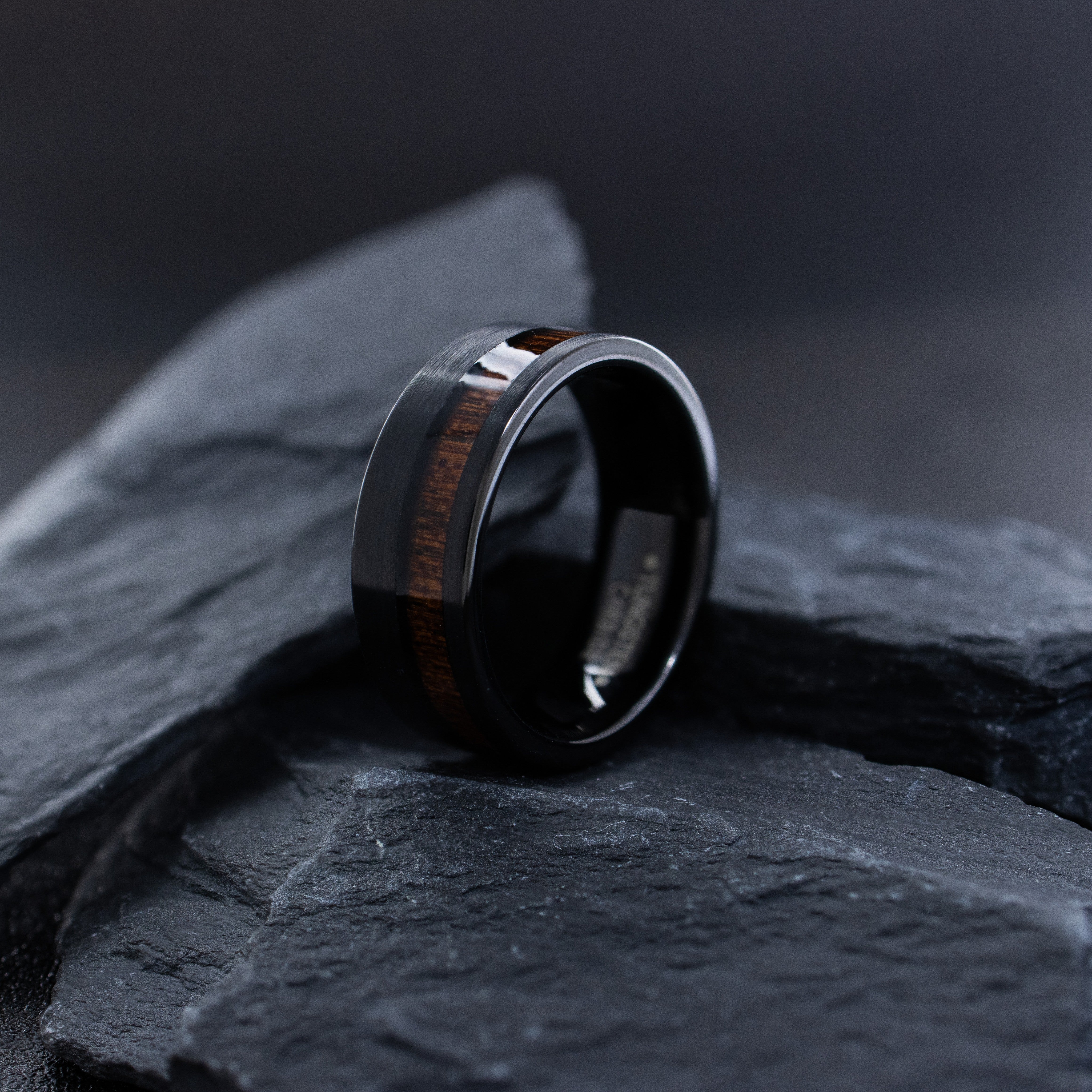 8mm Black Tungsten Ring with Koa Wood