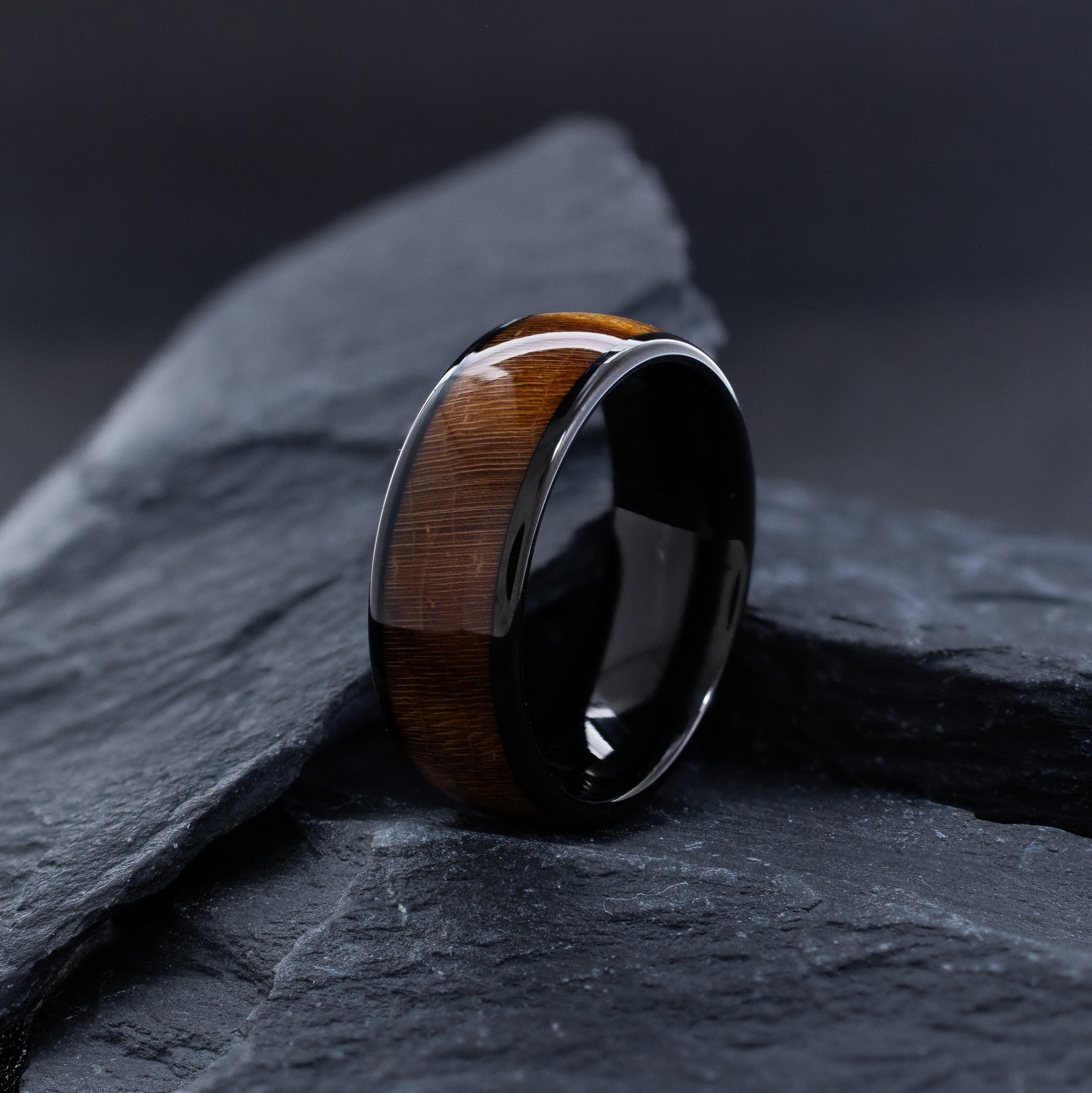 8mm Black Tungsten Ring with Stained Solidified Brown Wood
