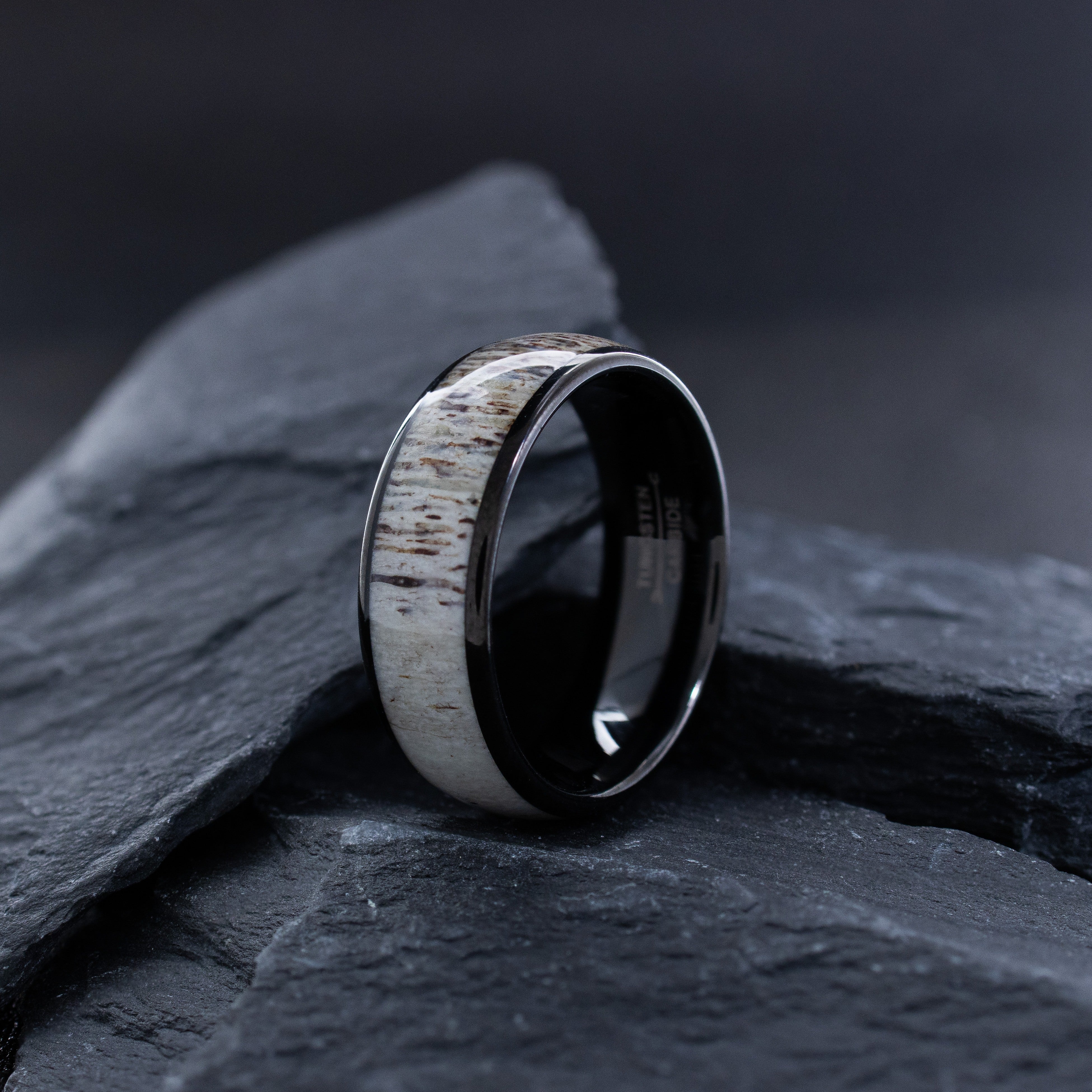 8mm Black Tungsten Ring with Deer Antler Inlay