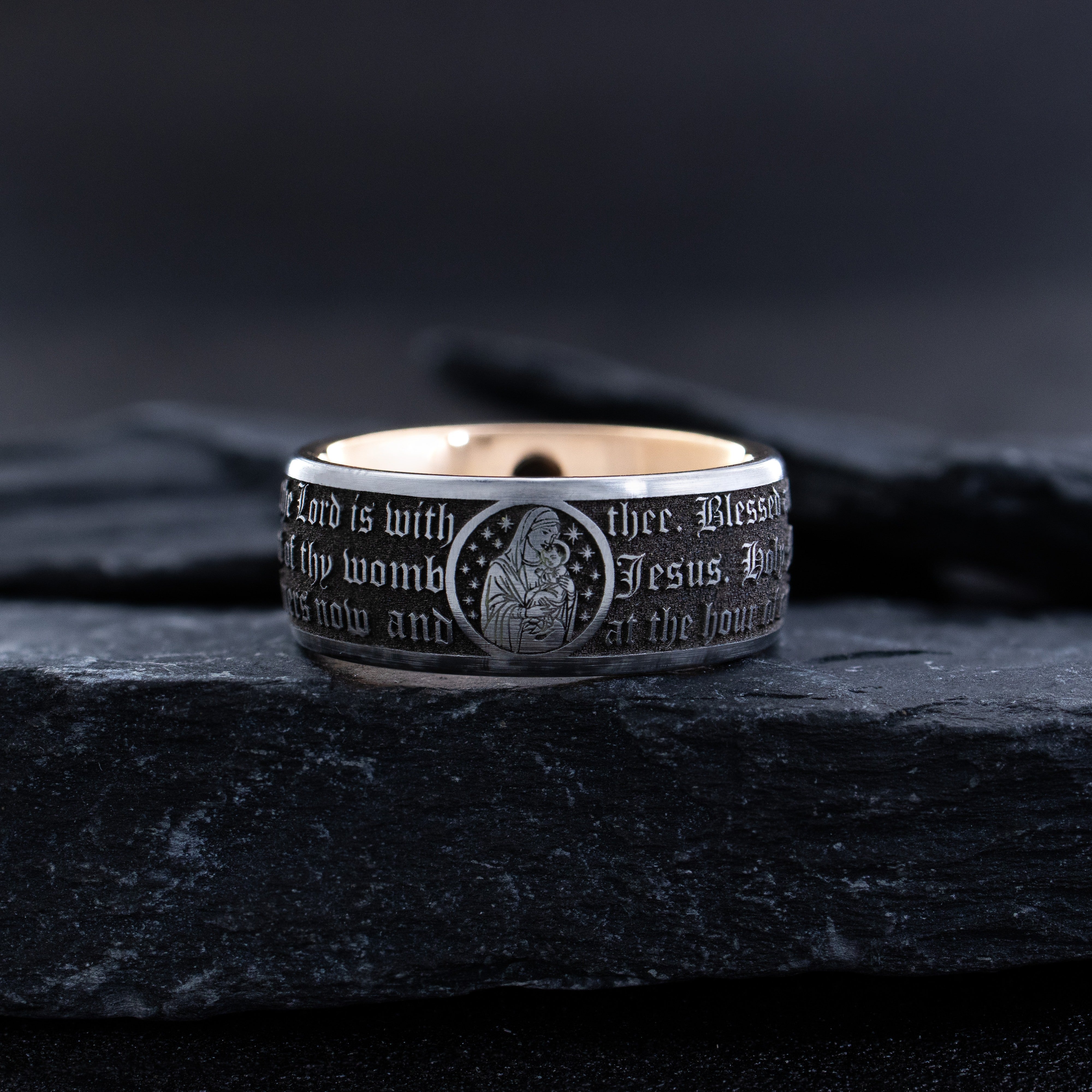 9mm Rose Gold and Black Tungsten Ring with Virgin Mary and Christian Prayer