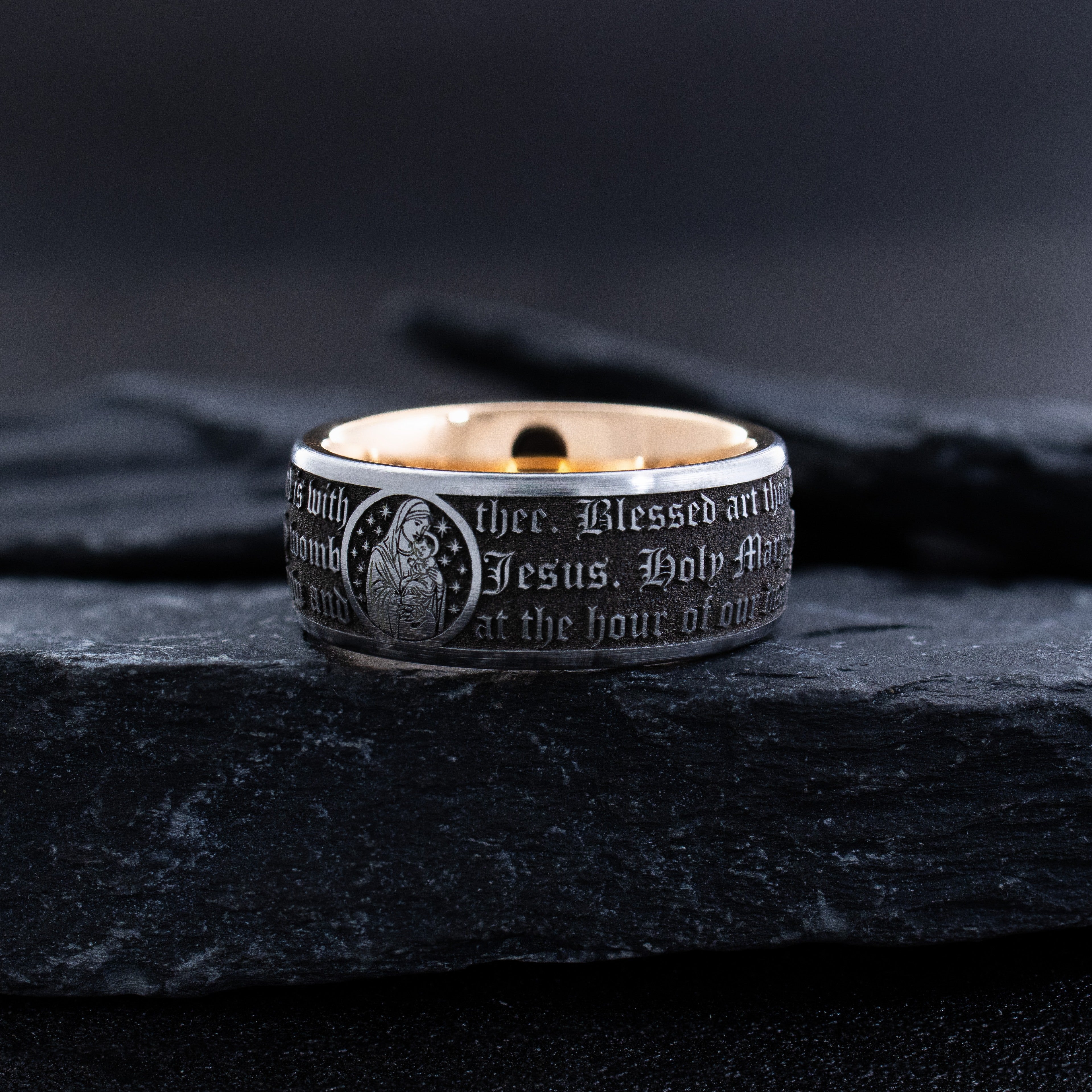 9mm Rose Gold and Black Tungsten Ring with Virgin Mary and Christian Prayer