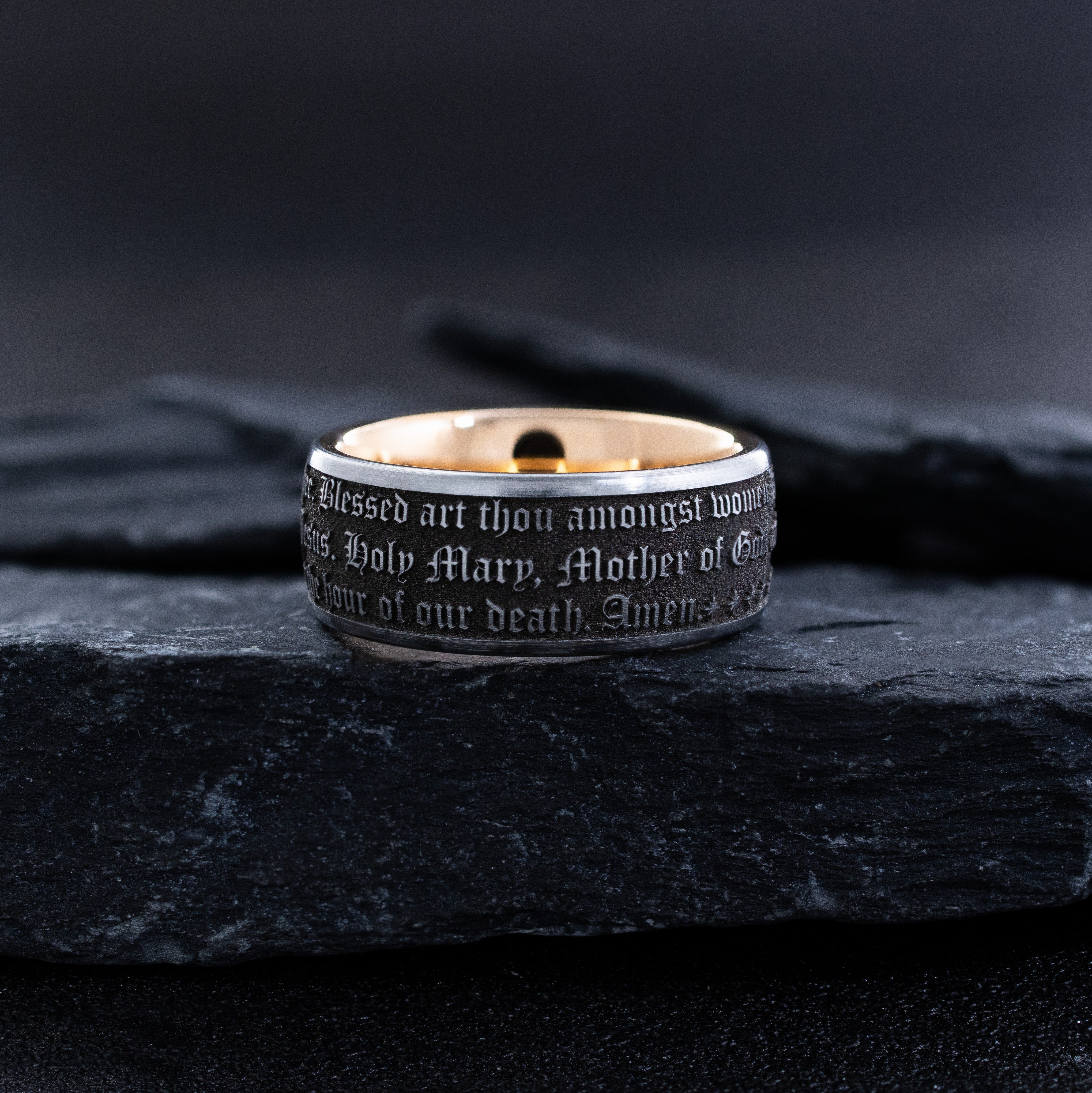 9mm Rose Gold and Black Tungsten Ring with Virgin Mary and Christian Prayer