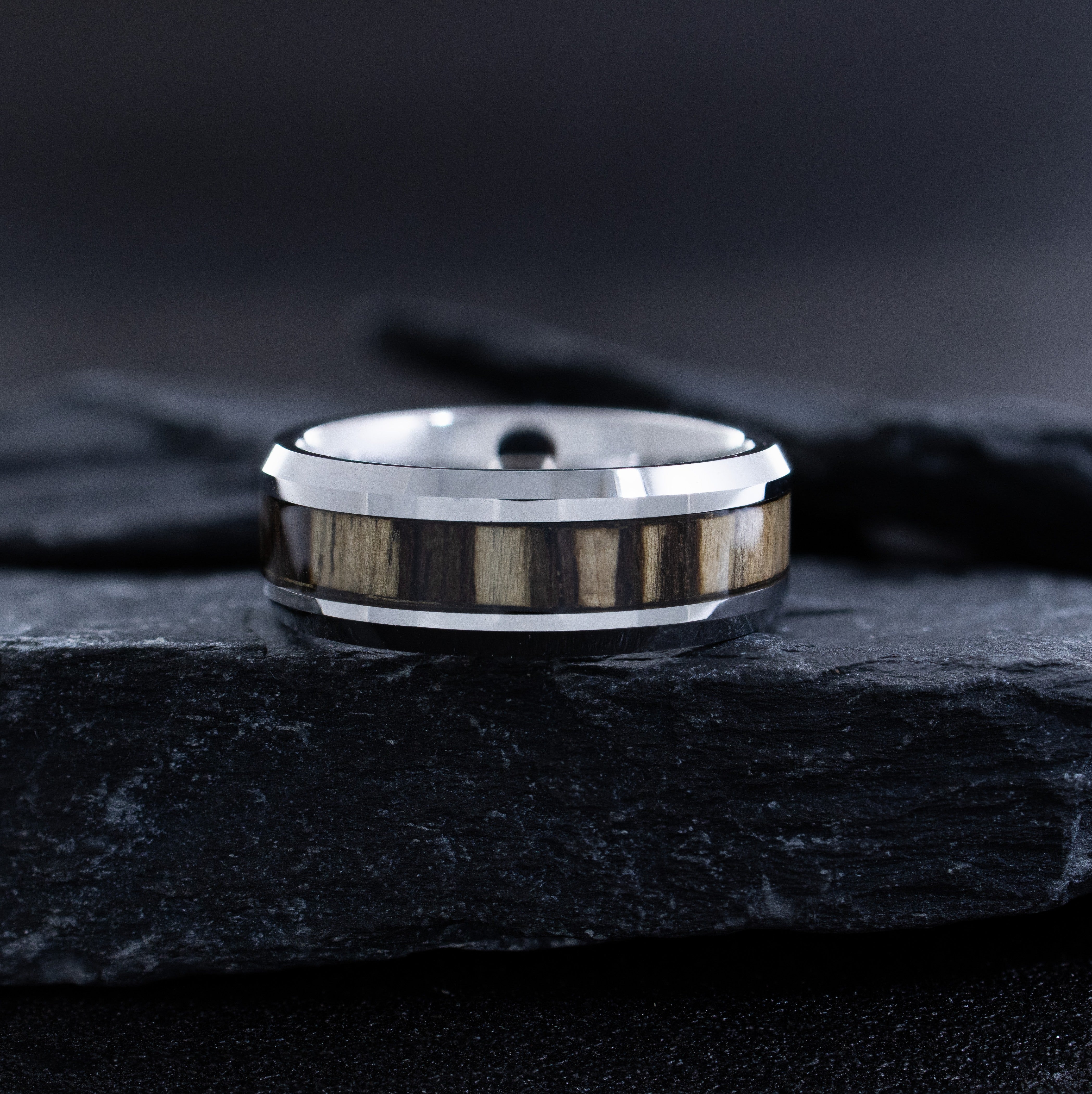 8mm Silver Tungsten Ring with Zebra Wood Inlay