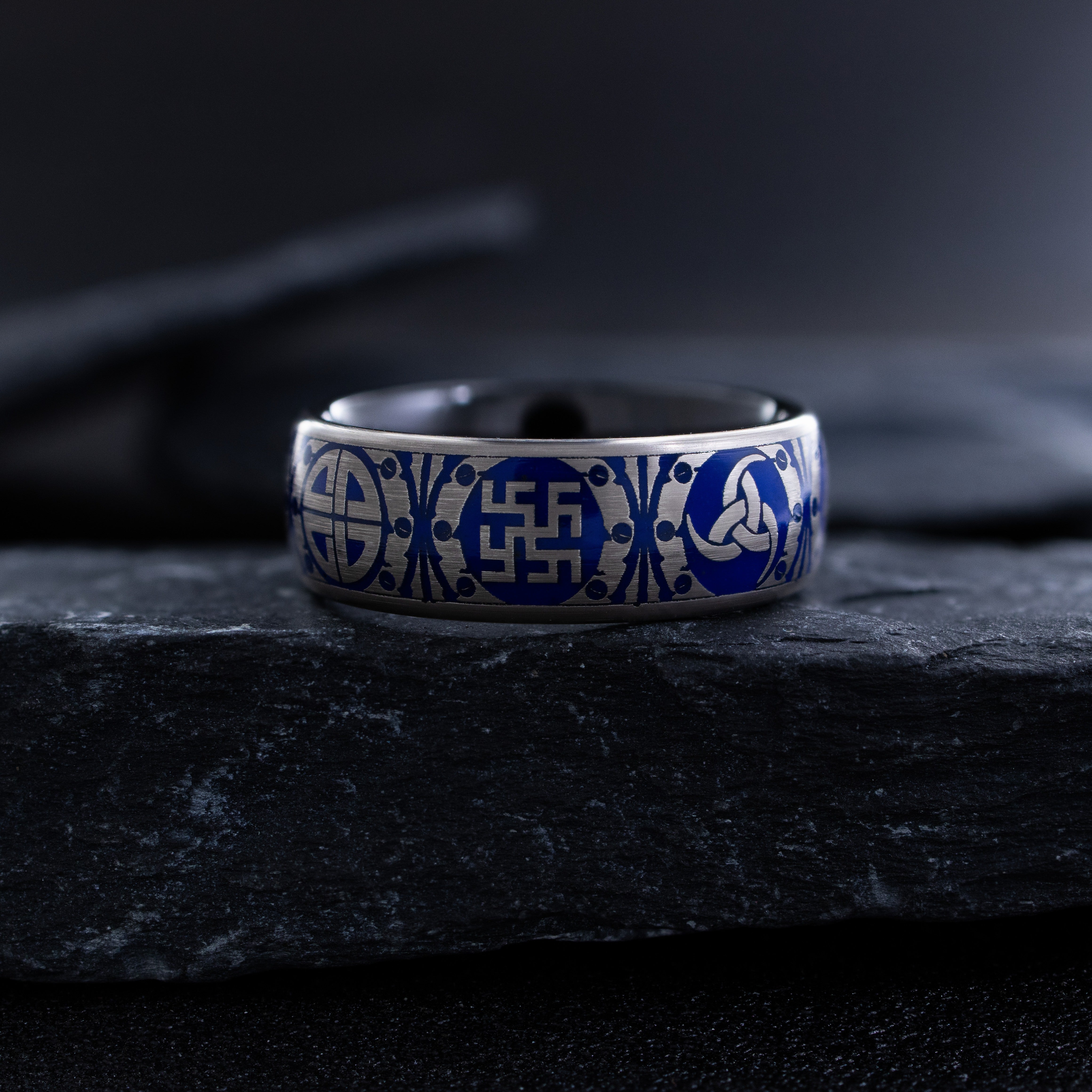 8mm Tantalum Ring with Norse Viking Runes and Blue Enamel