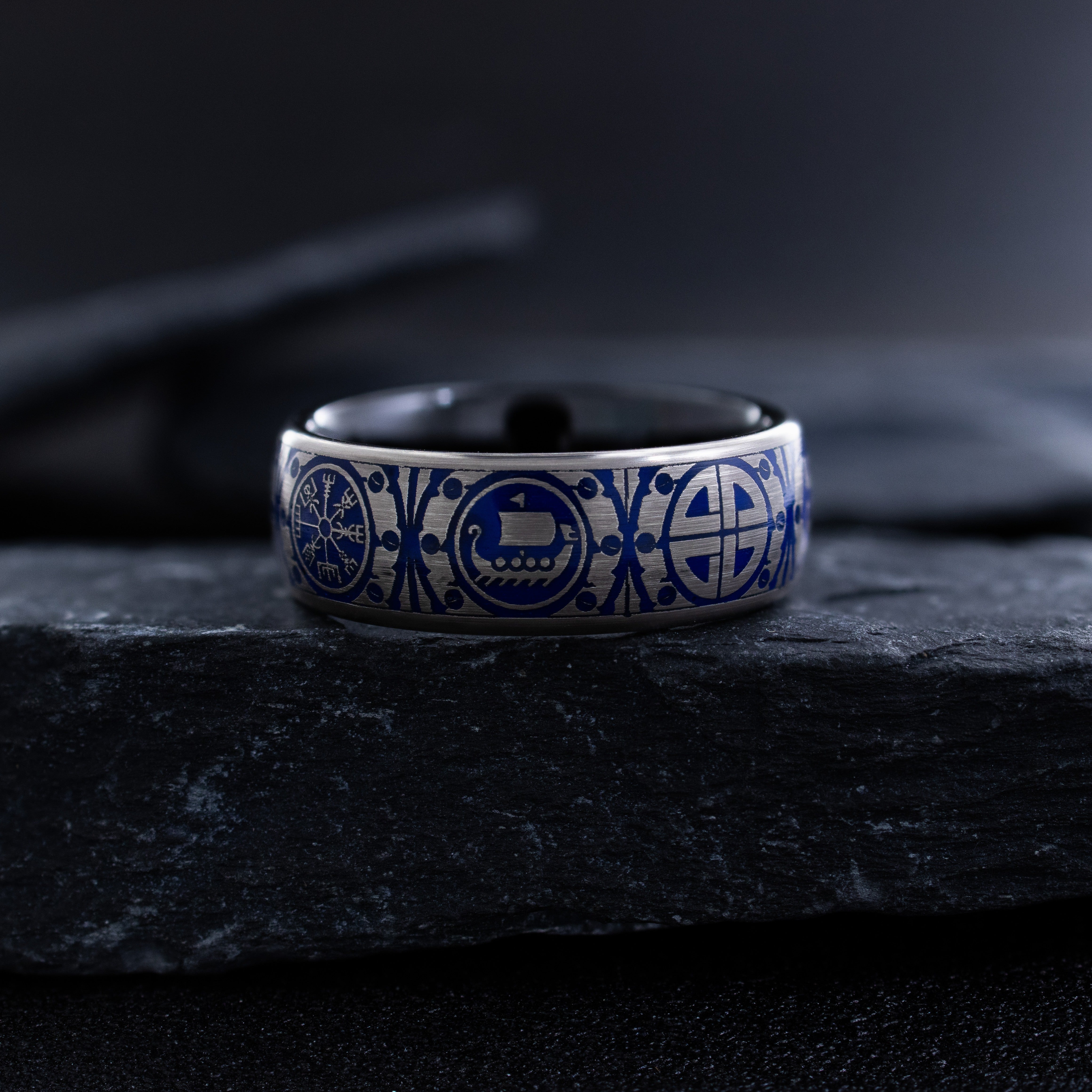 8mm Tantalum Ring with Norse Viking Runes and Blue Enamel