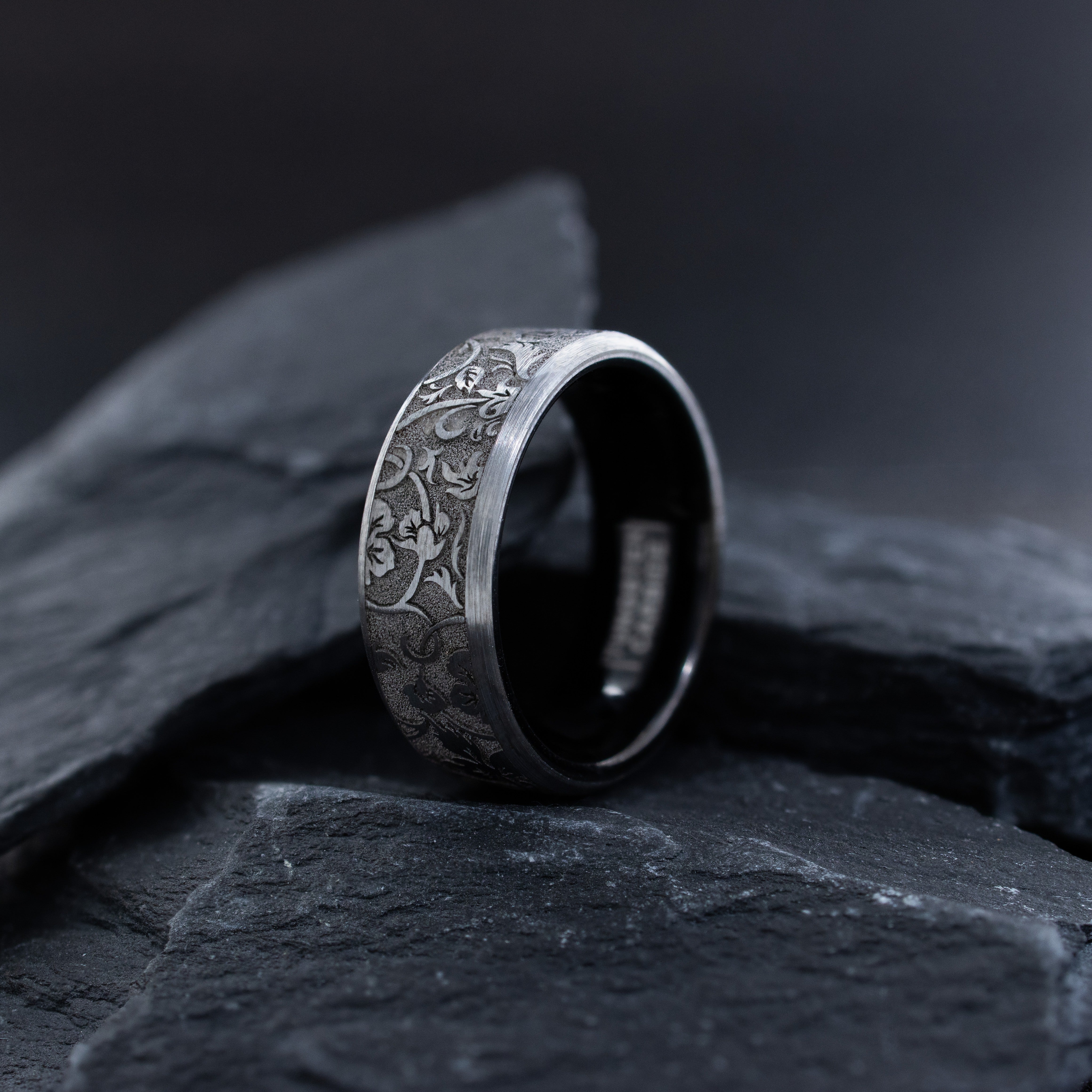 Edwardian Deep Engraved Tungsten Carbide Ring, 8mm Band with Floral Engravings
