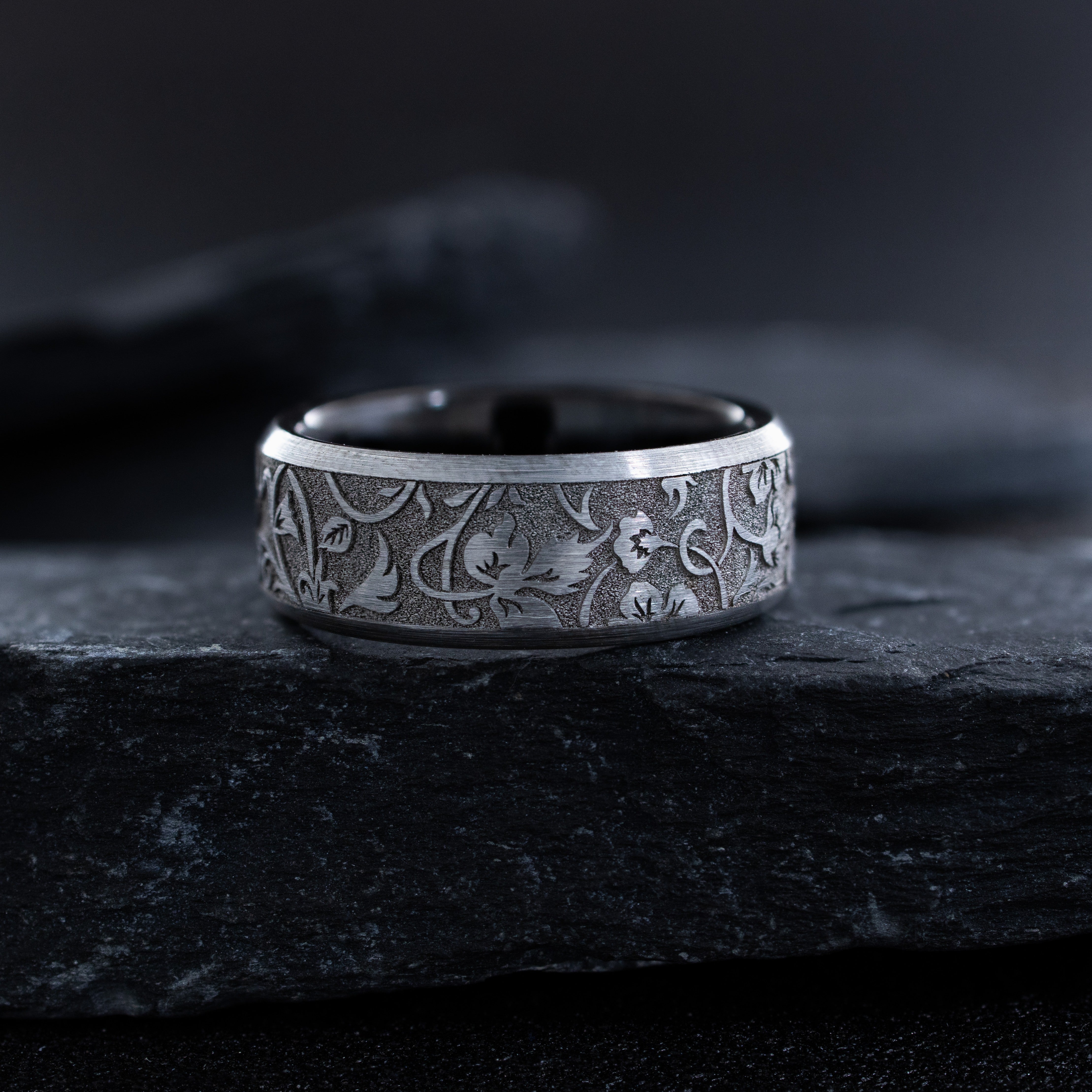 Edwardian Deep Engraved Tungsten Carbide Ring, 8mm Band with Floral Engravings