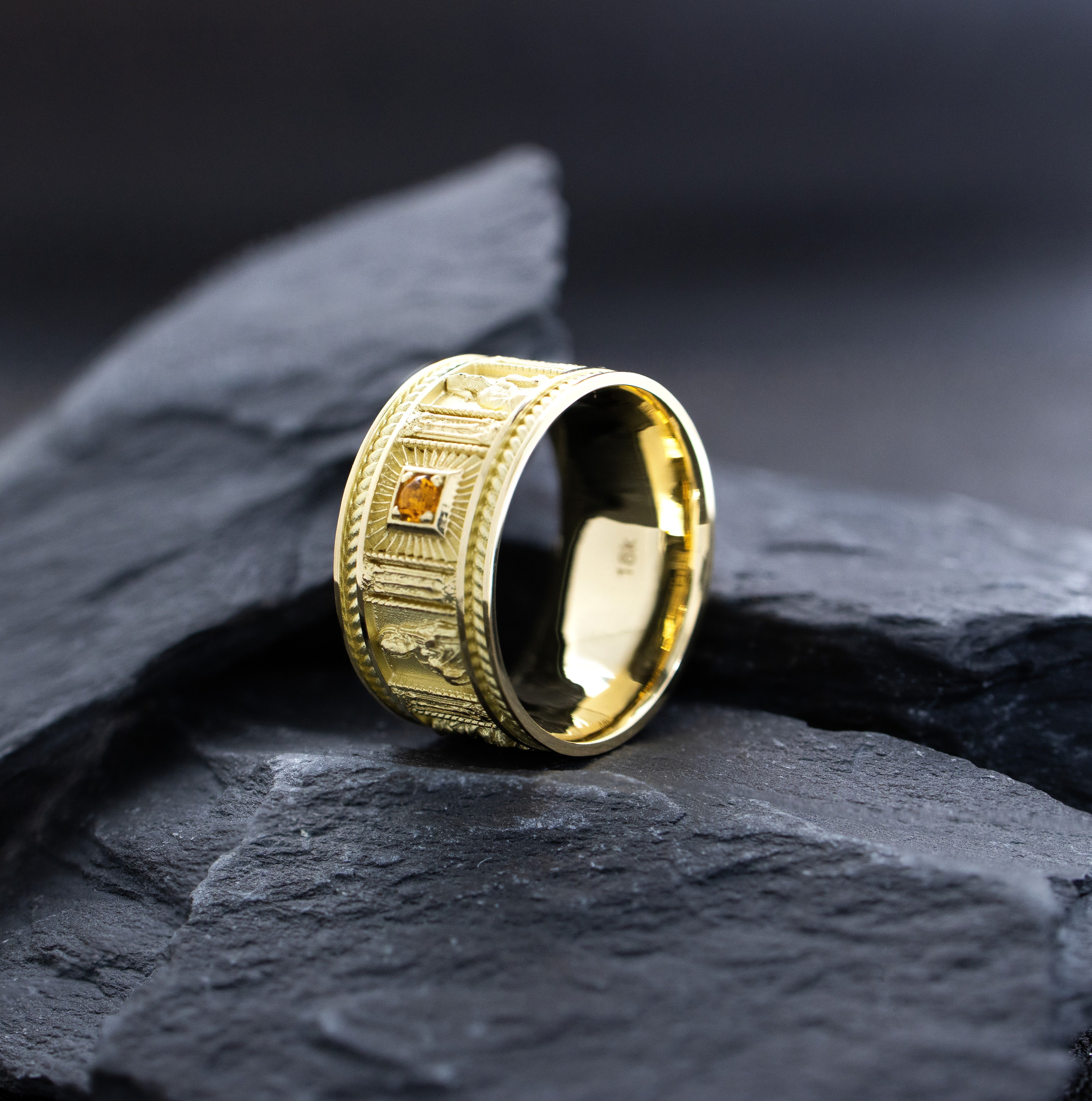 10mm Solid 14k or 18k Yellow Gold Ring with Christian Saints and Gemstone