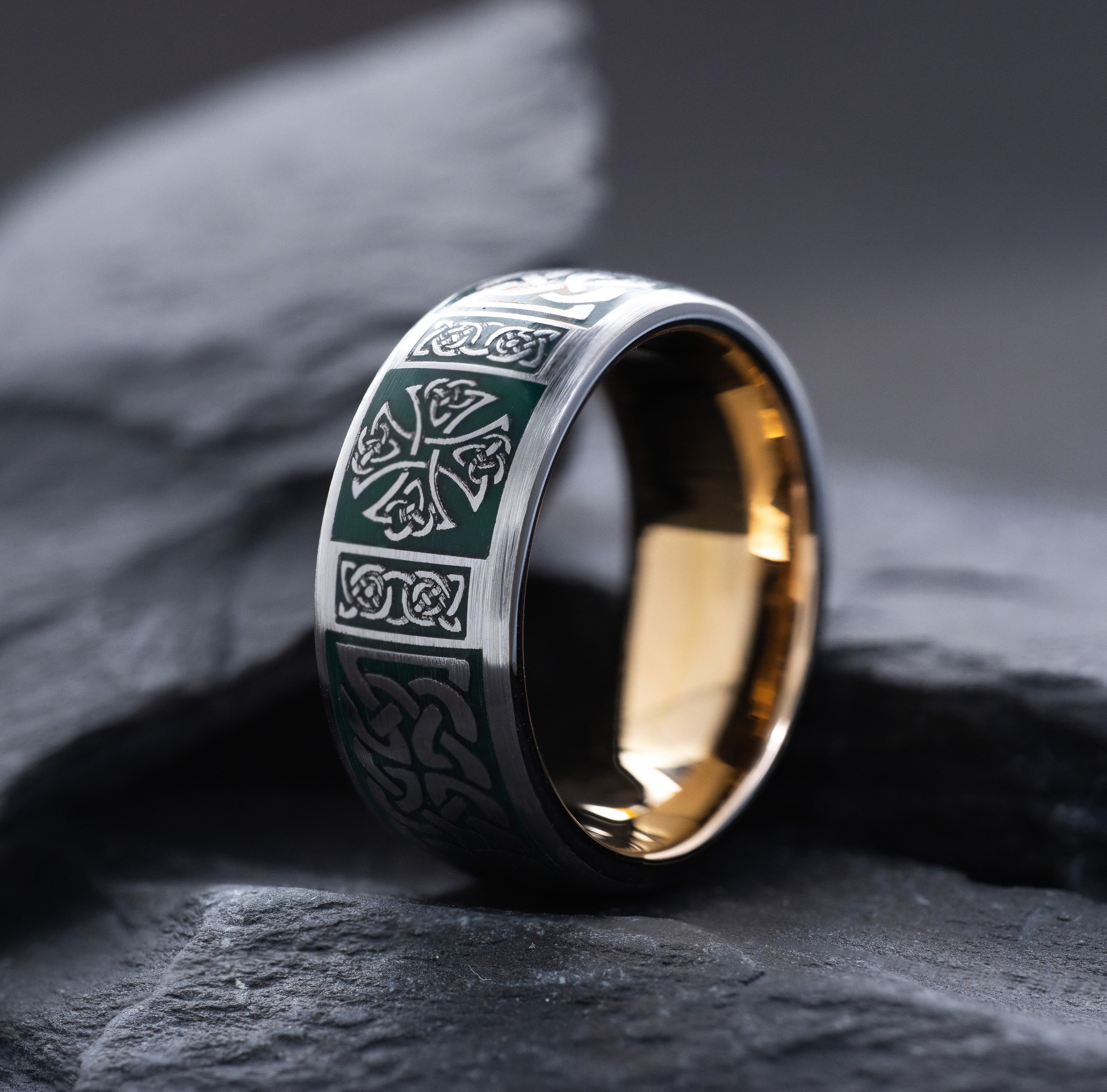 Dark Green Enamel Celtic Tungsten Carbide Ring, 9mm Rose Gold Plated Band with Celtic Cross and Knot Engravings