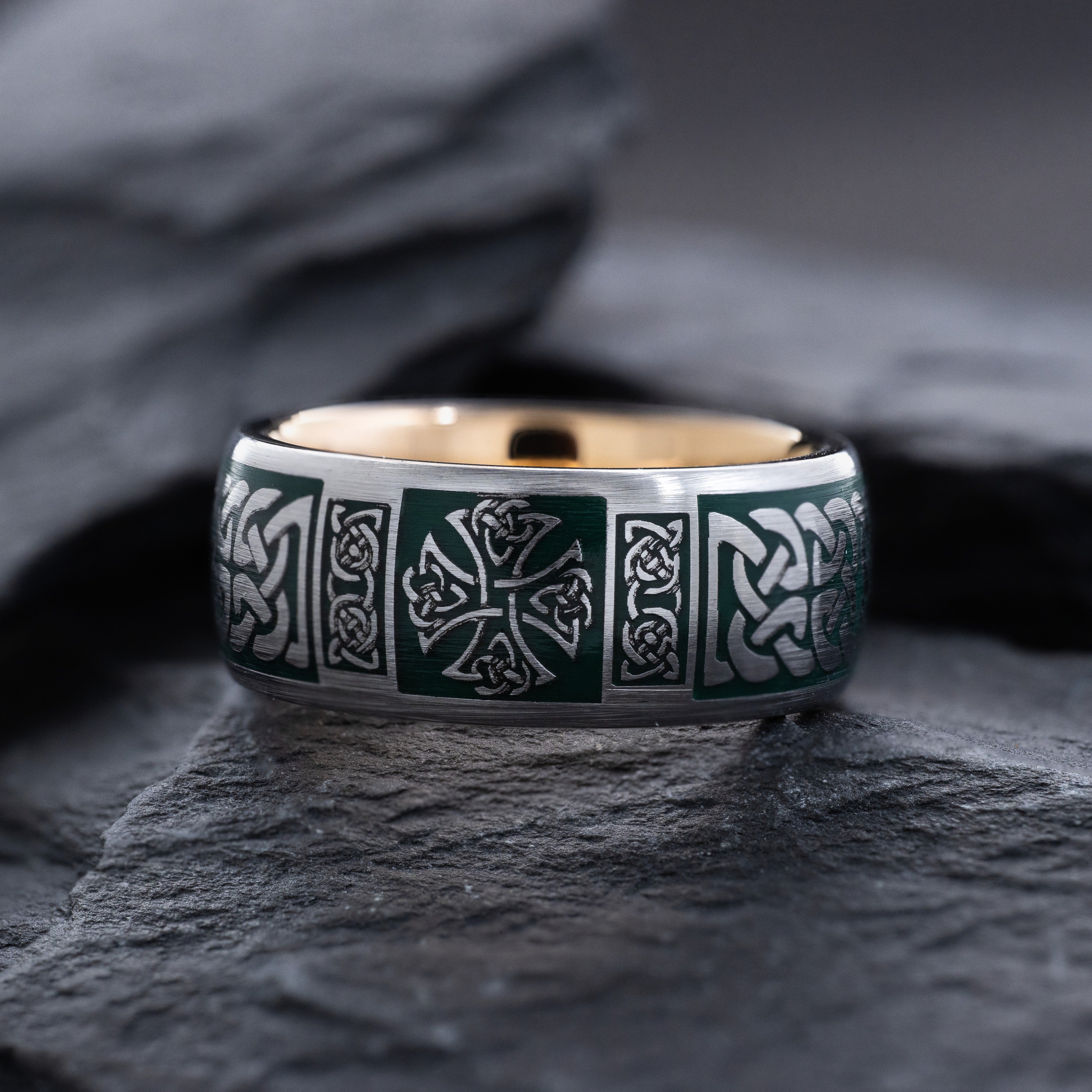 Dark Green Enamel Celtic Tungsten Carbide Ring, 9mm Rose Gold Plated Band with Celtic Cross and Knot Engravings
