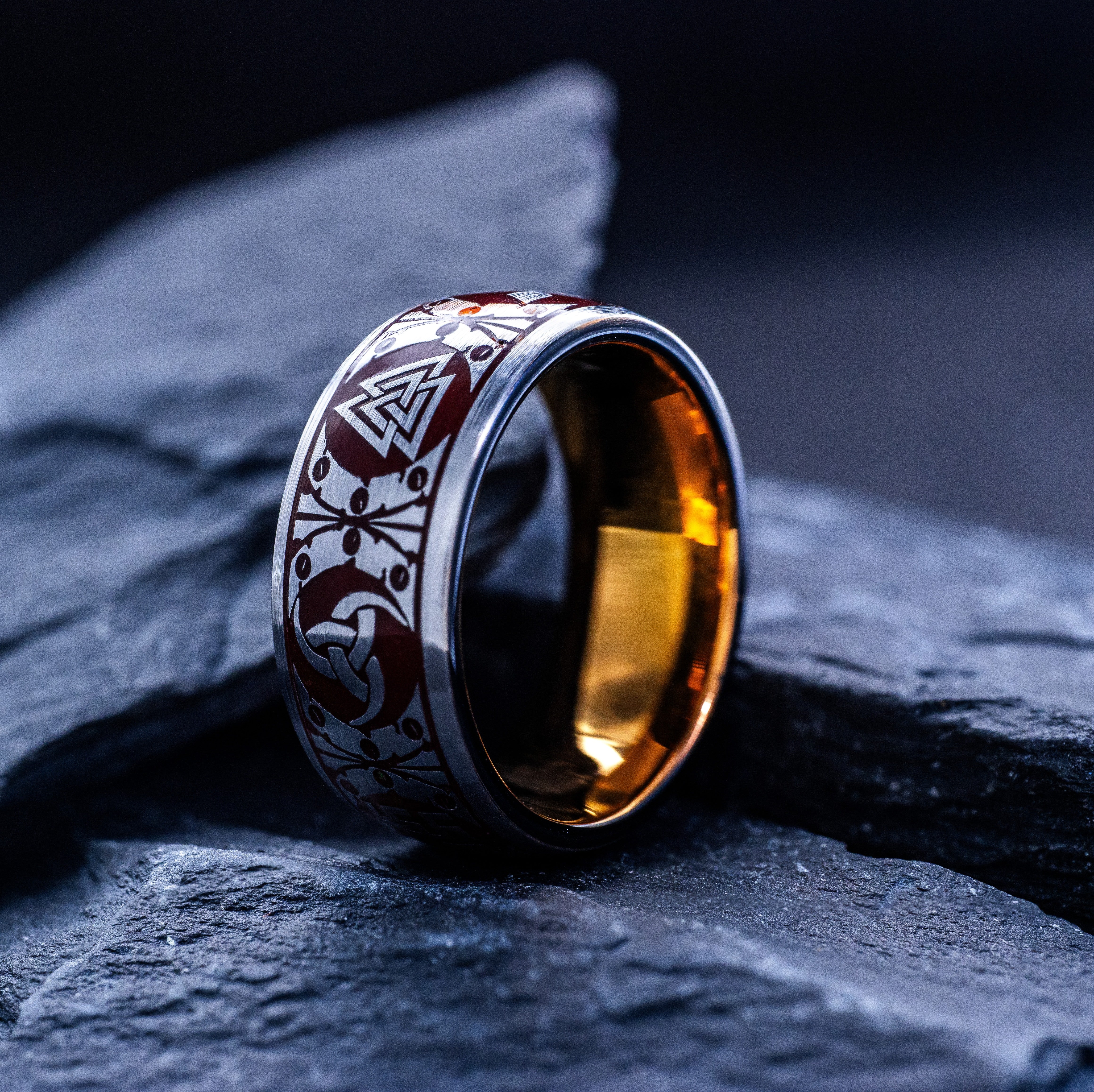 Dark Red Enamel Viking Tungsten Carbide Ring, 9mm Rose Gold Plated Band with Norse Runes and Symbols