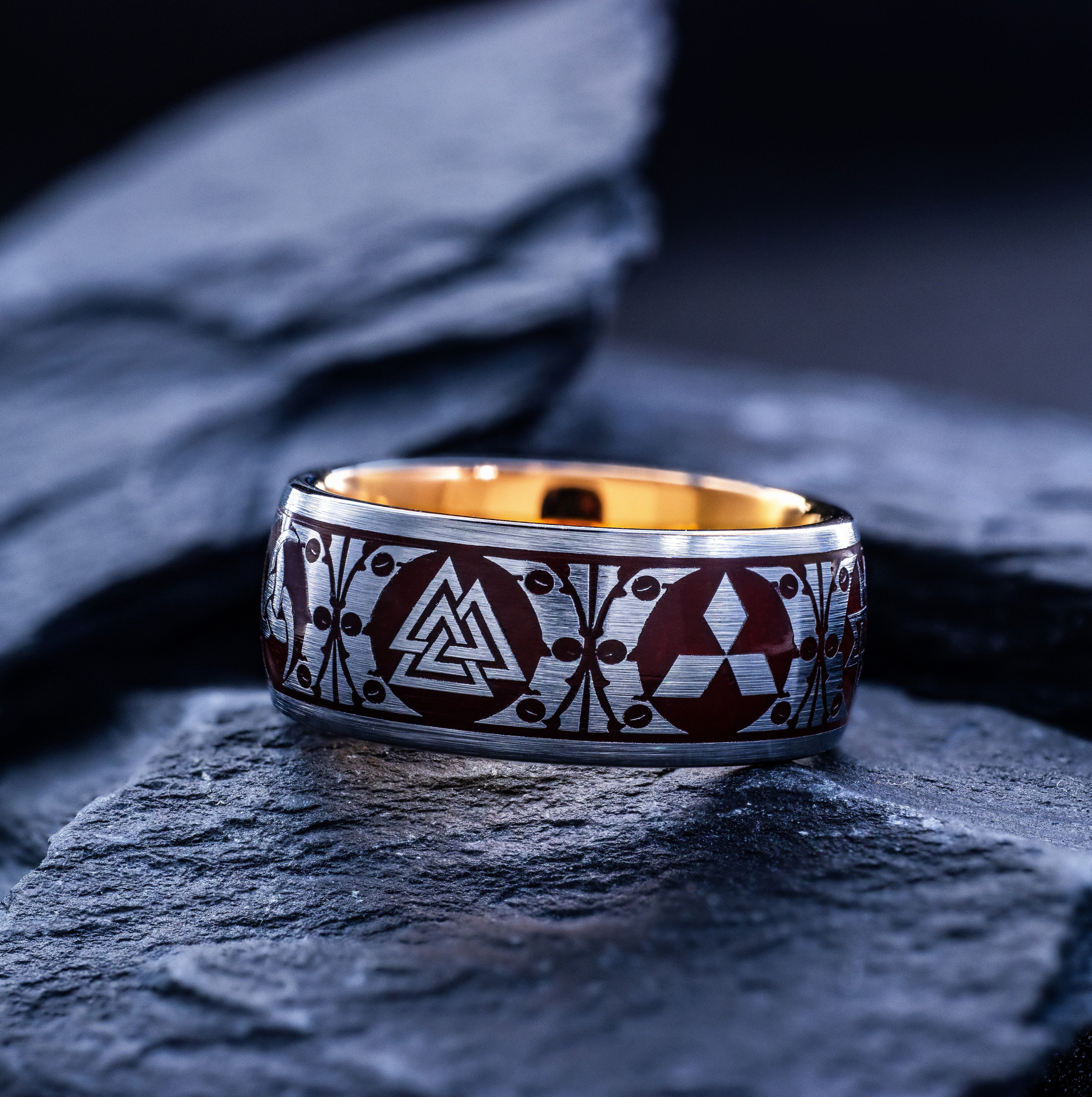 Dark Red Enamel Viking Tungsten Carbide Ring, 9mm Rose Gold Plated Band with Norse Runes and Symbols