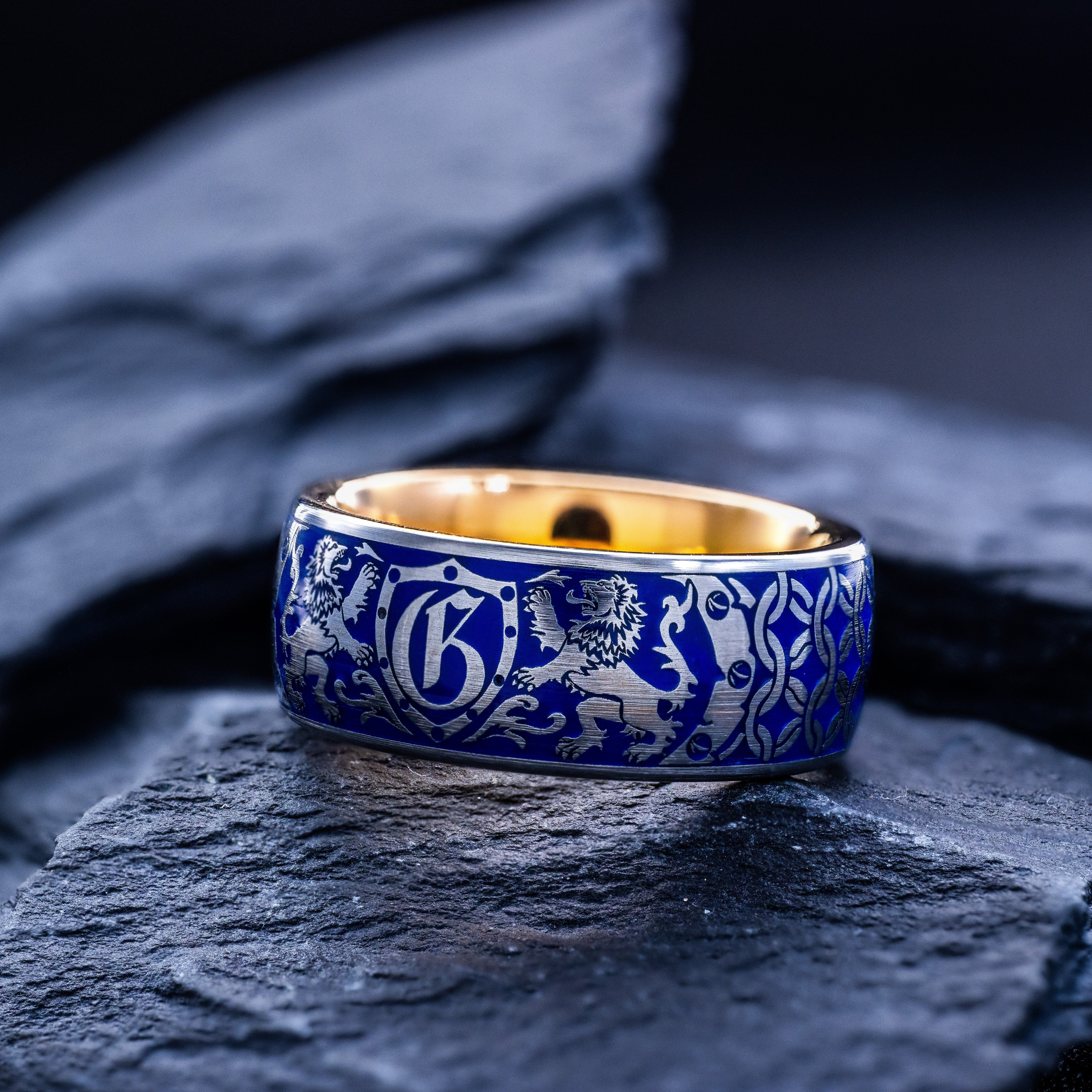 Royal Blue Enamel Medieval Heraldic Initial Ring, 9mm Rose Gold Plated Band with Heraldic Lions and Personalized Initial