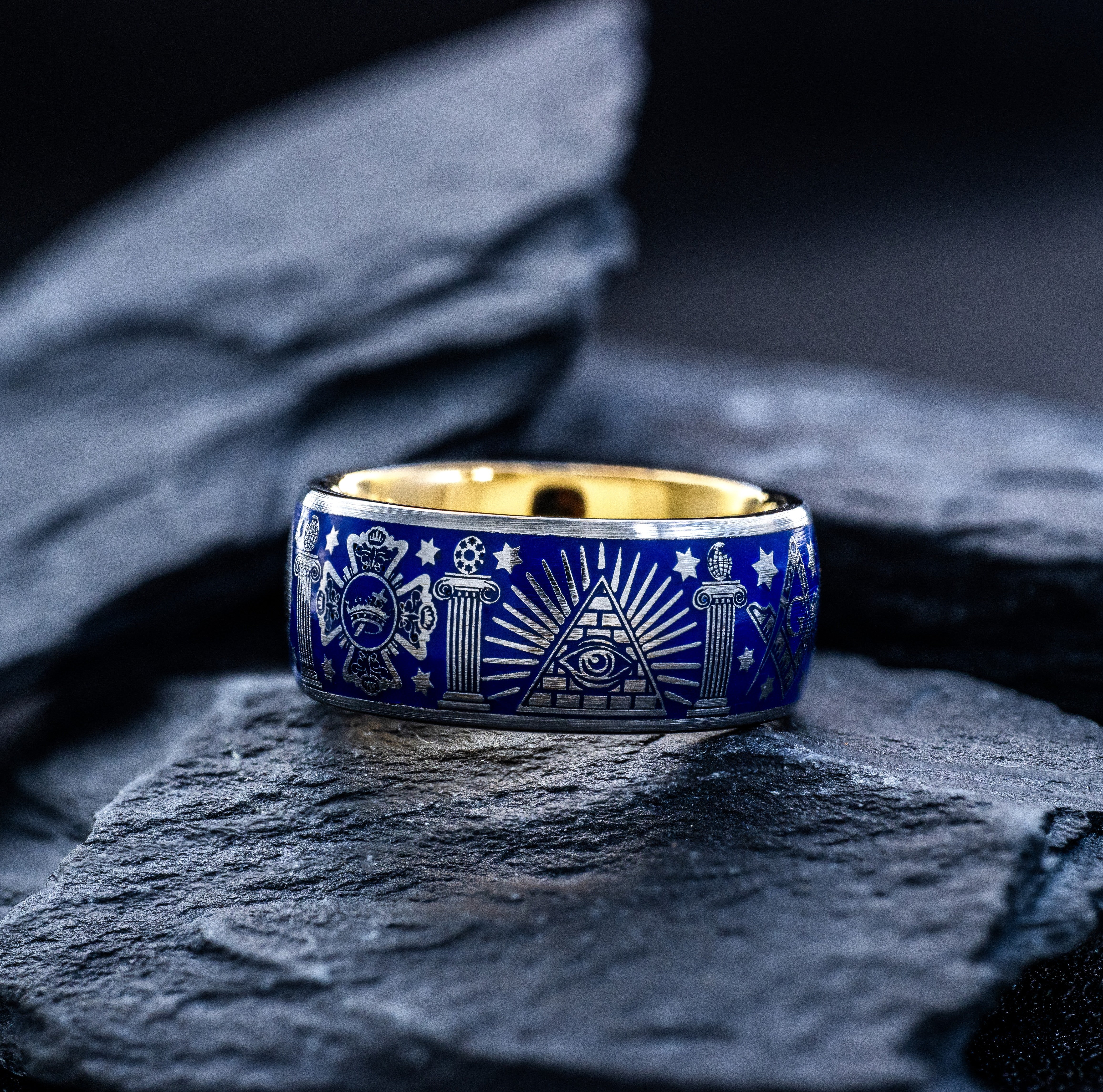 Masonic Tungsten Carbide Ring, 9mm Yellow Gold Plated Band with Masonic Symbols and Blue Enamel