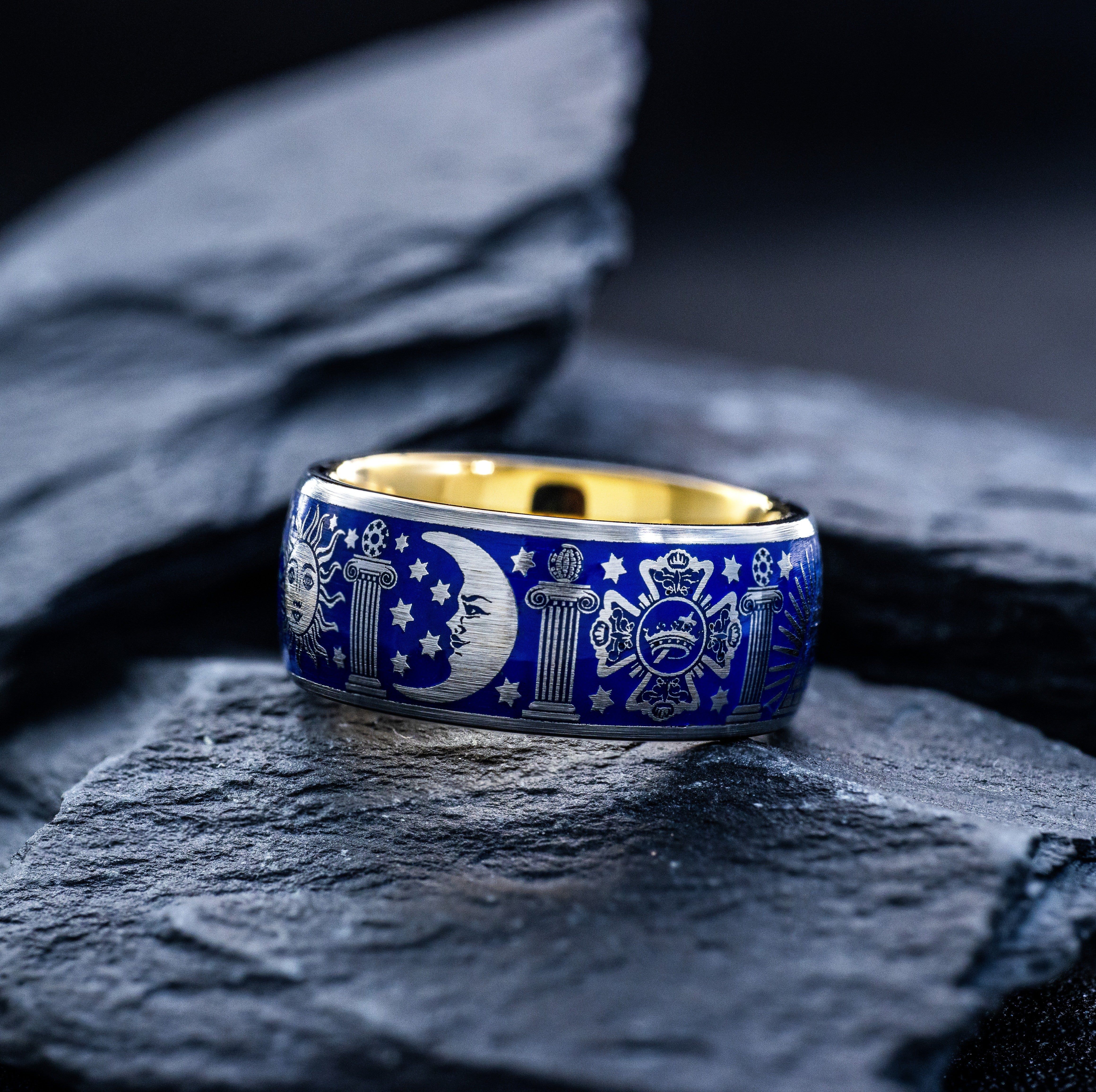 Masonic Tungsten Carbide Ring, 9mm Yellow Gold Plated Band with Masonic Symbols and Blue Enamel