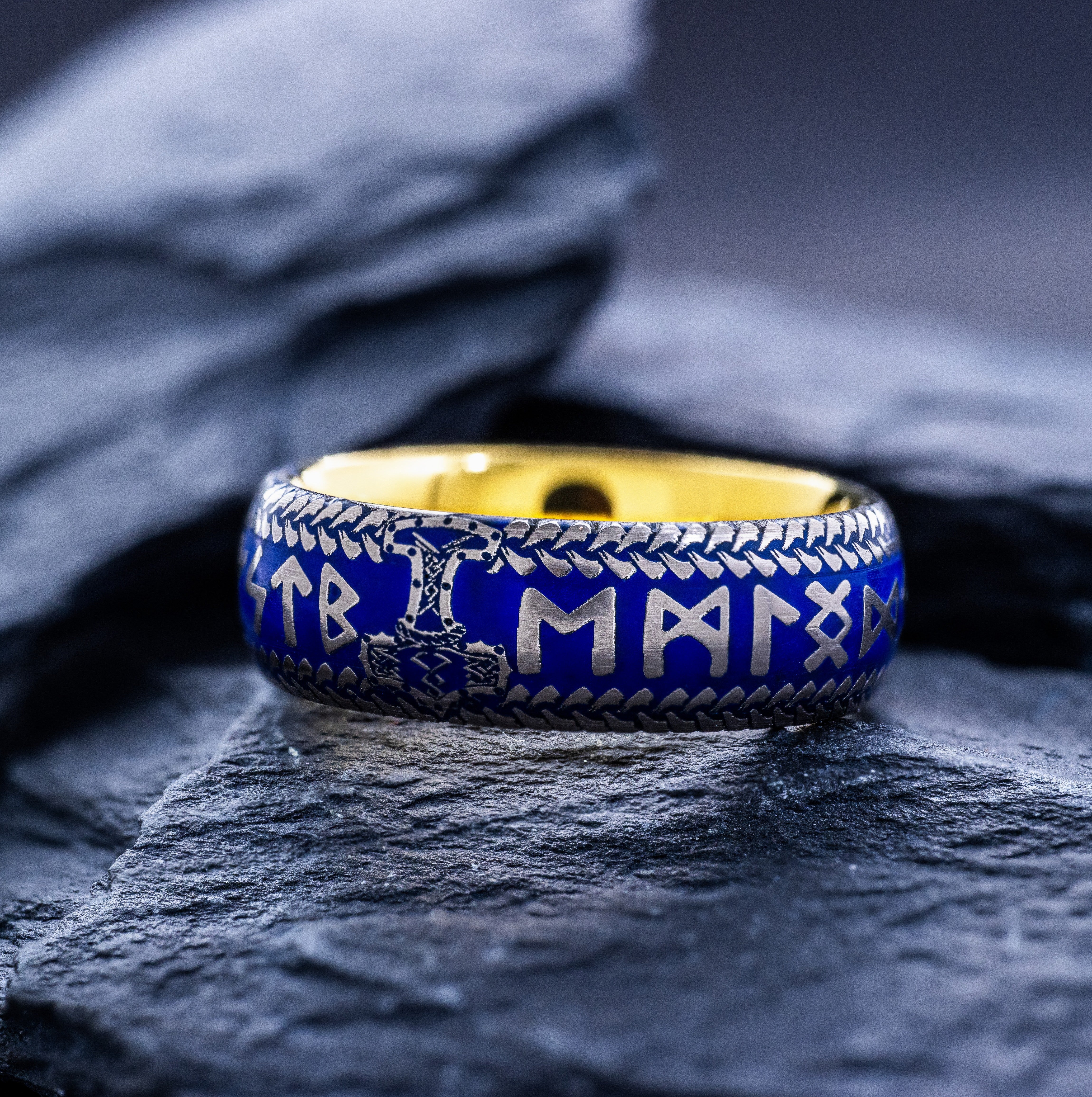 Blue Enamel Viking Norse Tungsten Carbide Ring, 8mm Yellow Gold Plated Band with Thor's Hammer and Nordic Runes Engravings and Custom Enamel