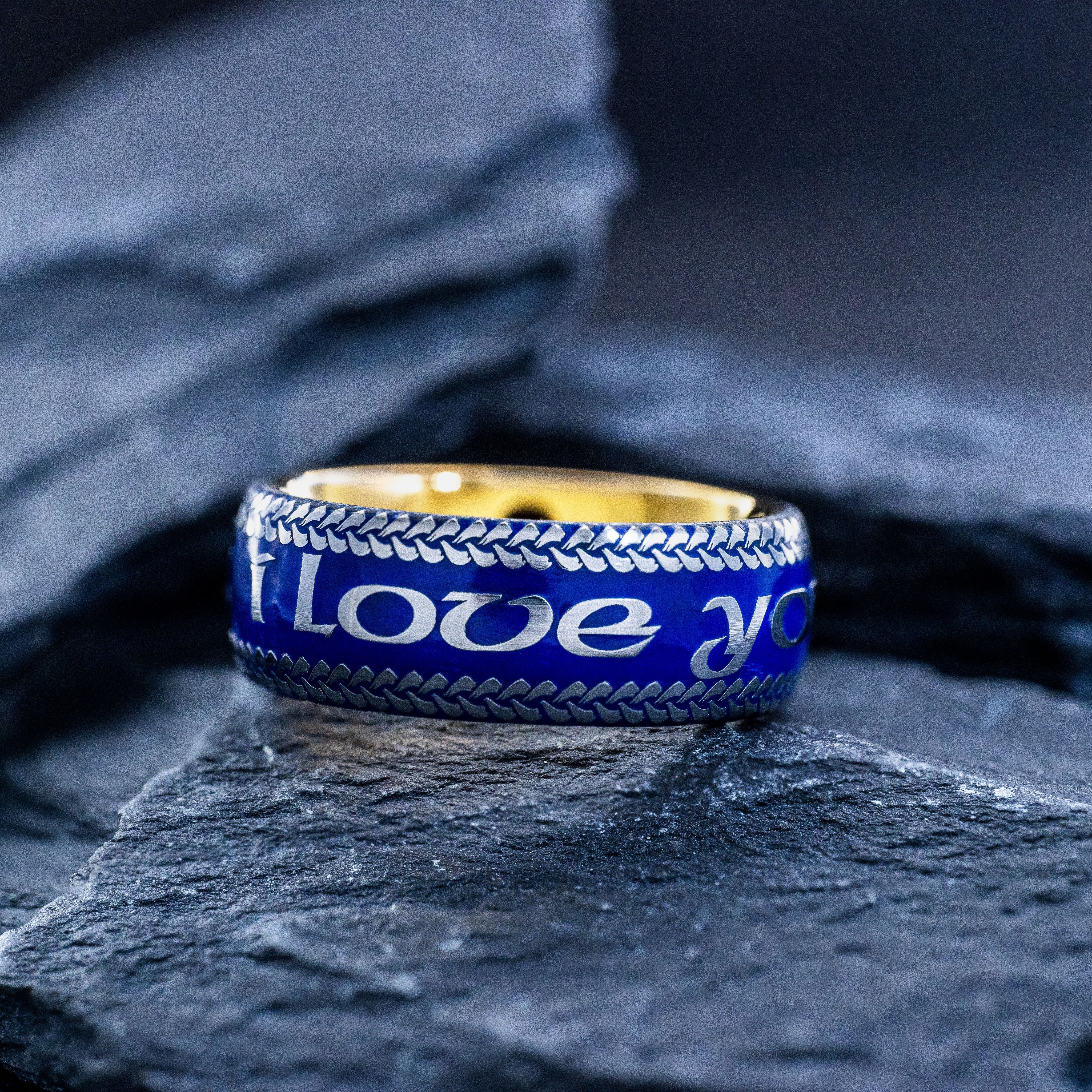 Romantic Blue Enamel Tungsten Ring, 9mm Rose Gold Plated Tungsten Band