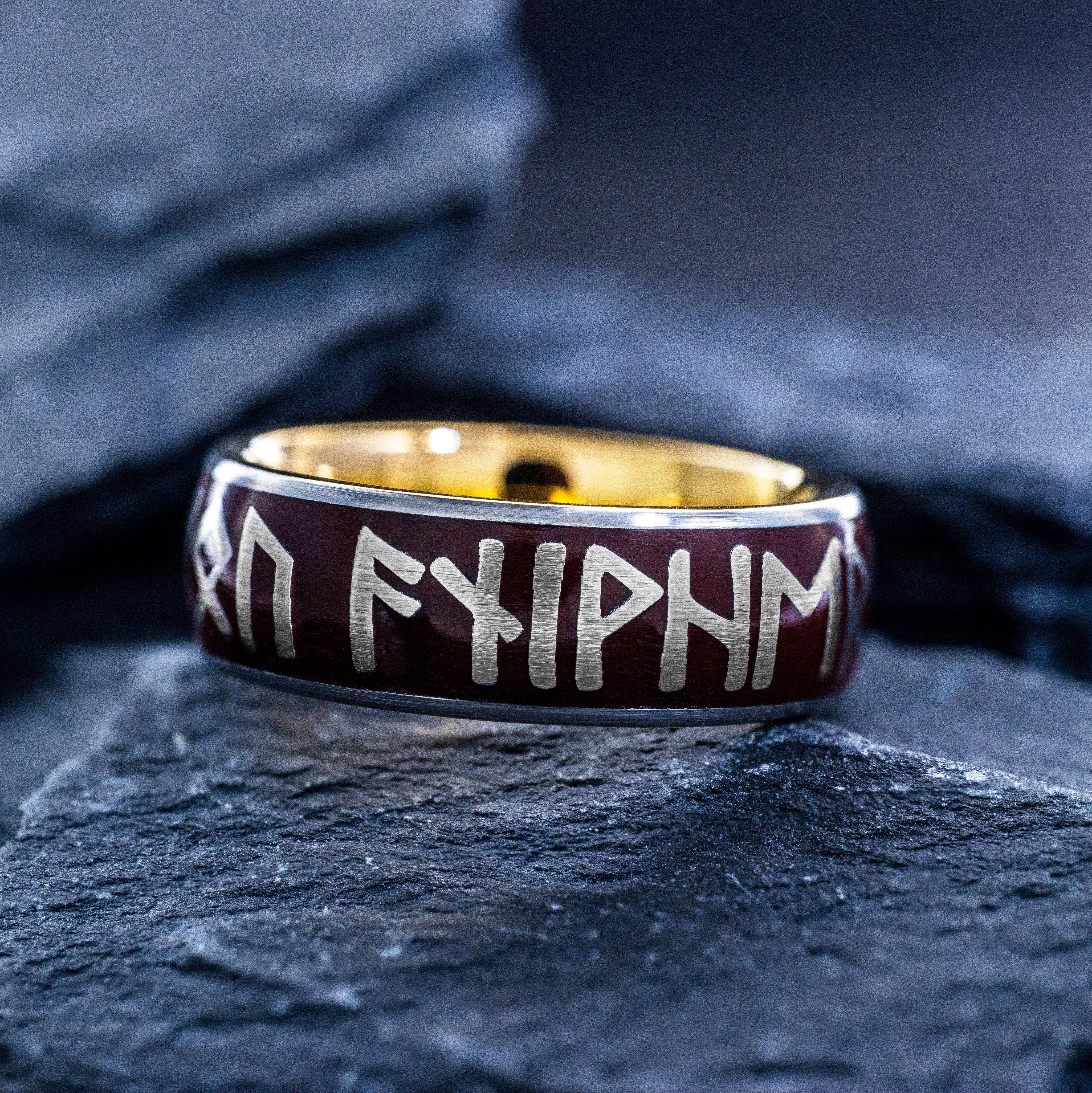 Norse Runes and Red Enamel Tungsten Ring, 8mm Yellow Gold Plated Band