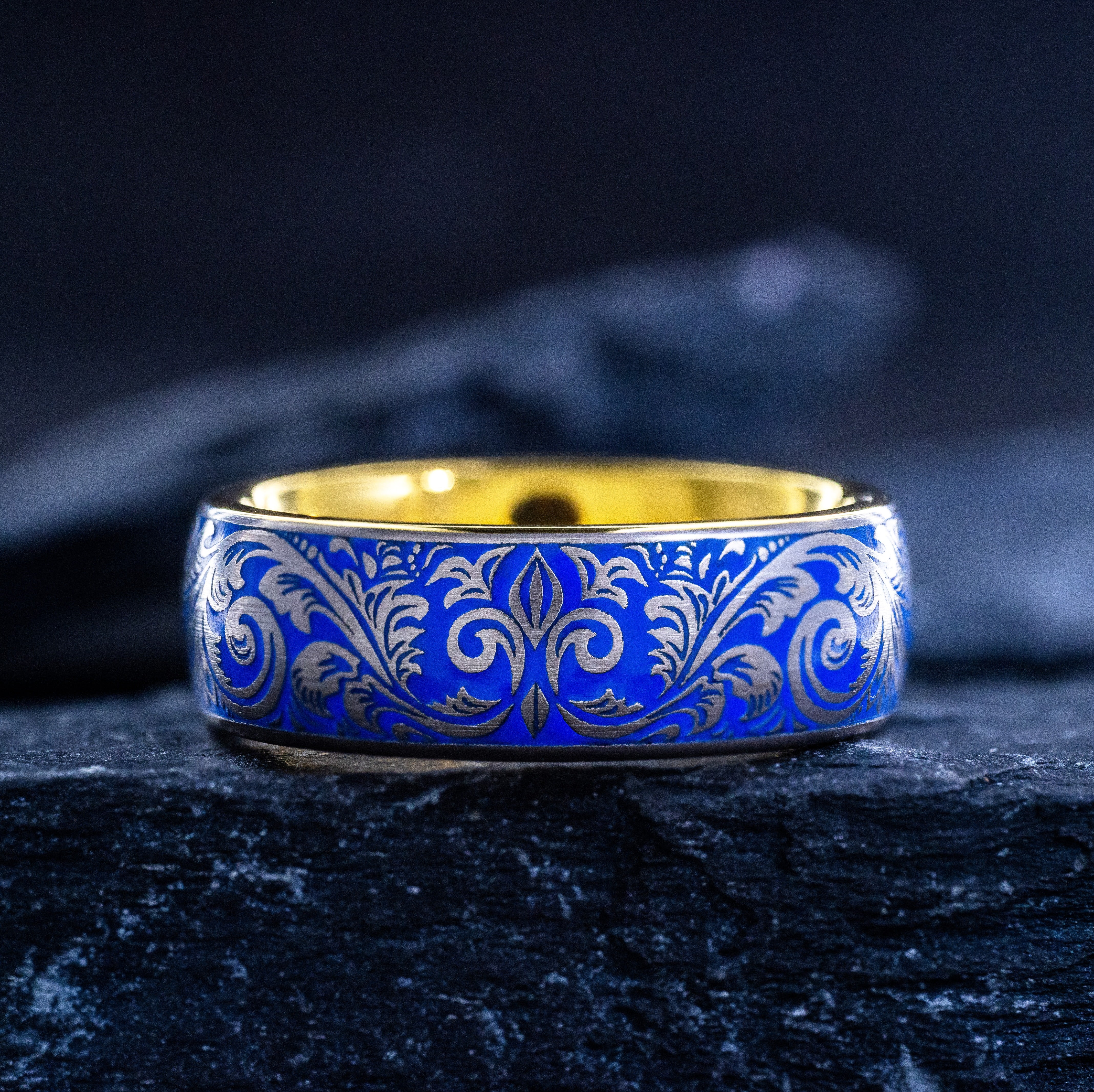 Victorian Fleur De Lis Floral Ring with Blue Enamel, 8mm Tungsten Band with Gold Plating