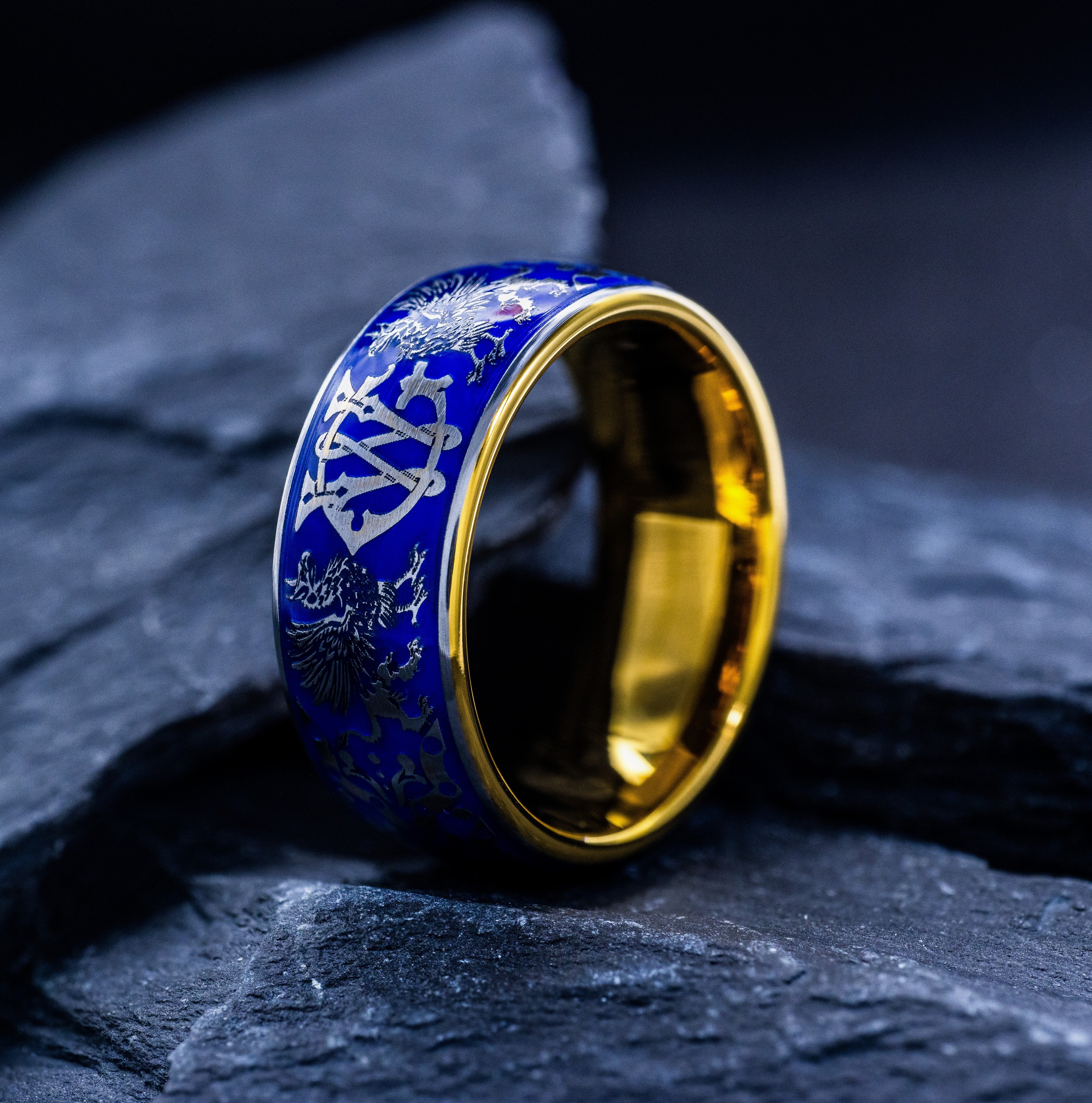 Personalized Monogram with Medieval Griffins and Blue Enamel Ring, 9mm Gold Plated Tungsten Carbide Band