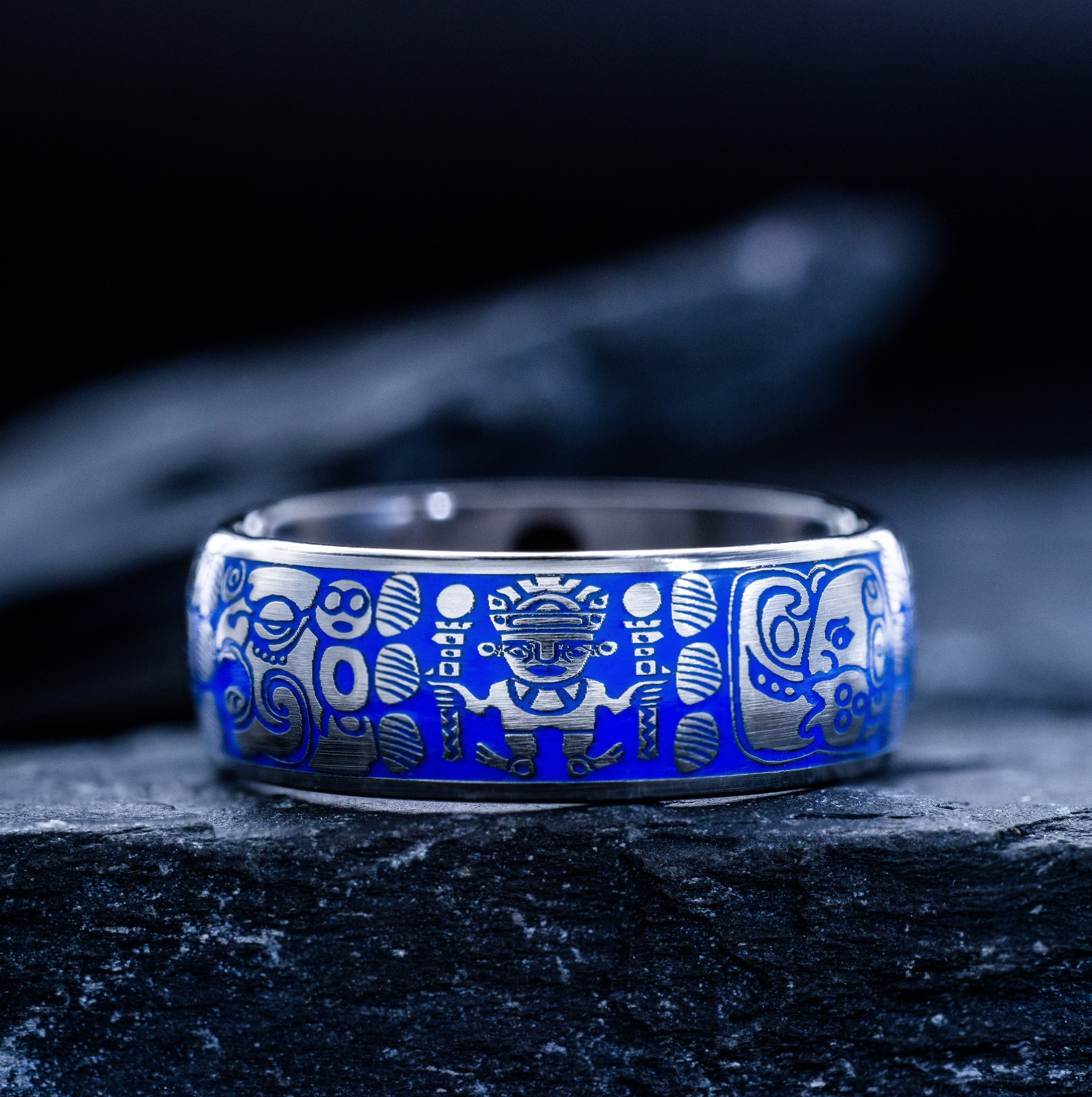 Blue Enamel Mayan Ring, 8mm Tungsten Carbide Ring