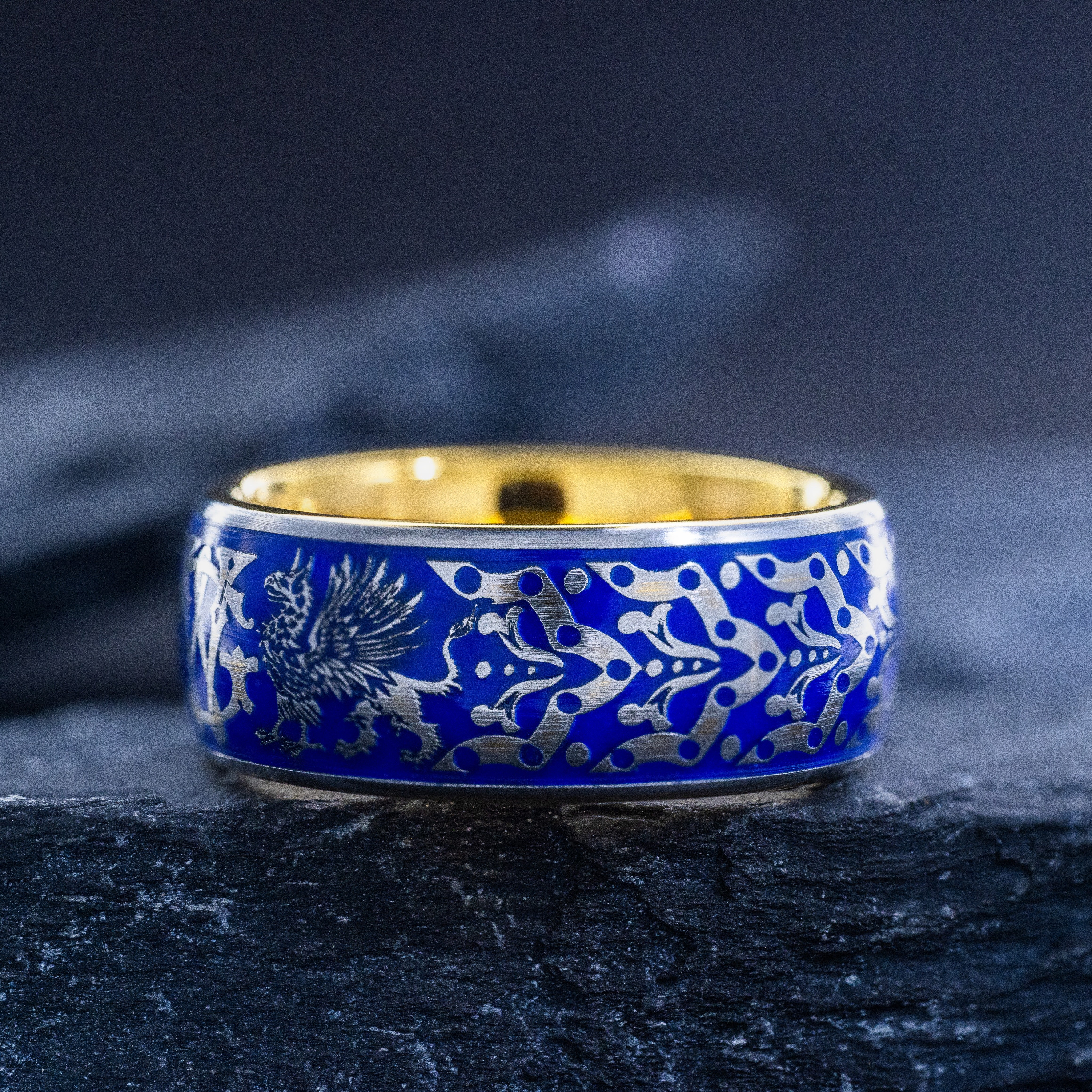 Personalized Monogram with Medieval Griffins and Blue Enamel Ring, 9mm Gold Plated Tungsten Carbide Band