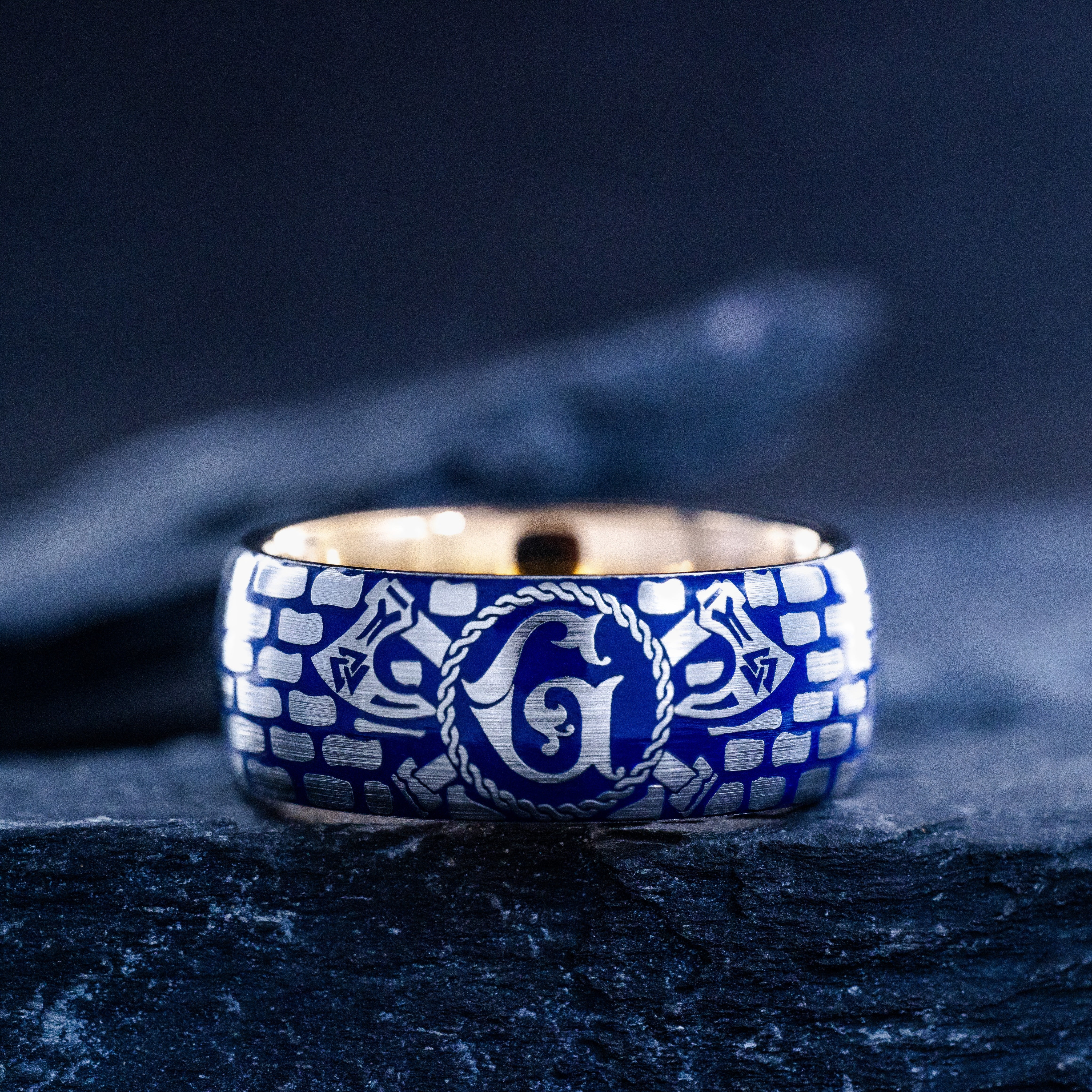 Viking Norse Battle Ring with Personalized Initial and Blue Enamel Ring, 9mm Rose Gold Plated Tungsten Carbide Band