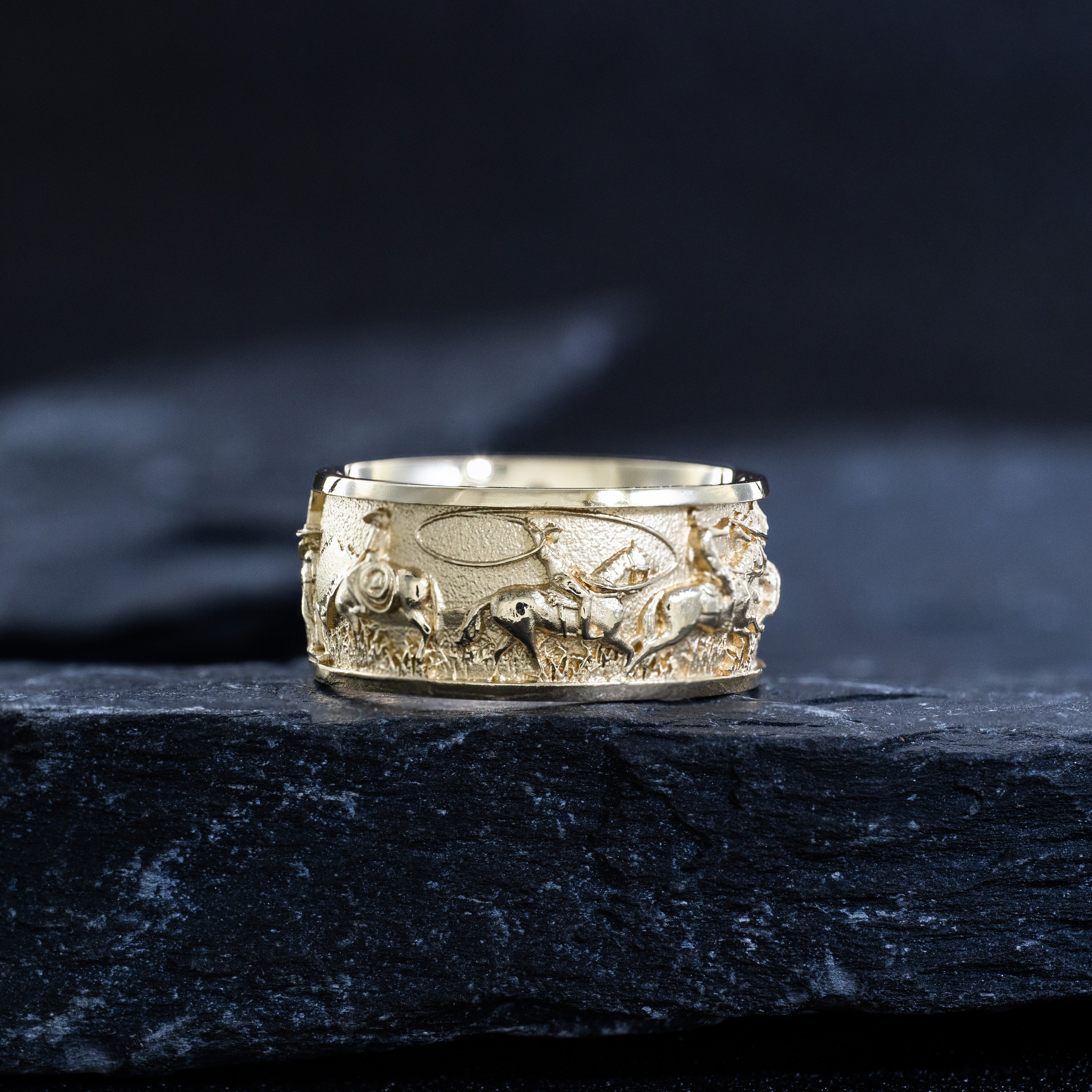 10mm Solid Yellow Gold Band with Western Cowboys and Bulls