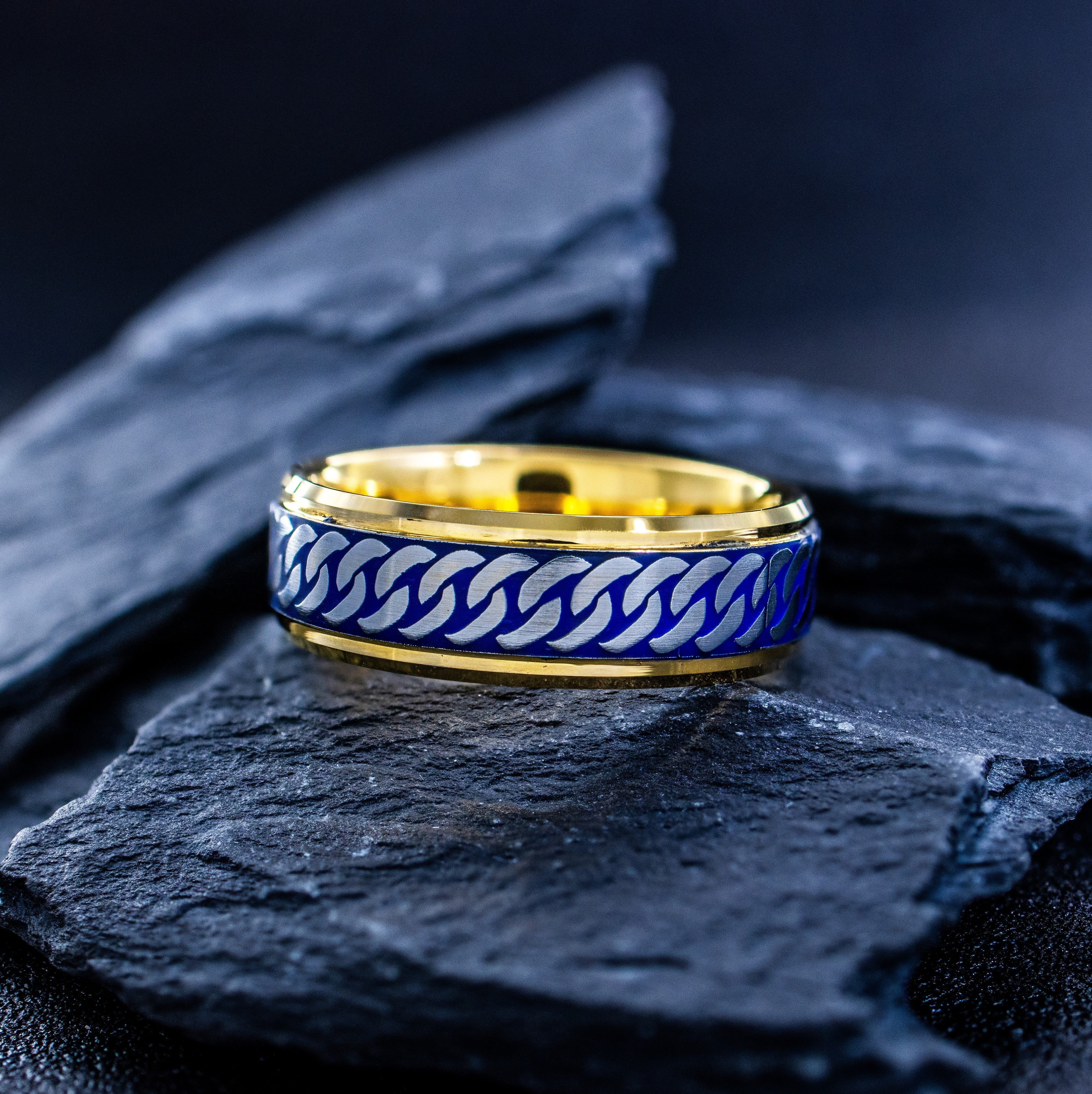 Royal Blue Enamel Curb Link Ring, 8mm Yellow Gold Plated Tungsten Carbide Band