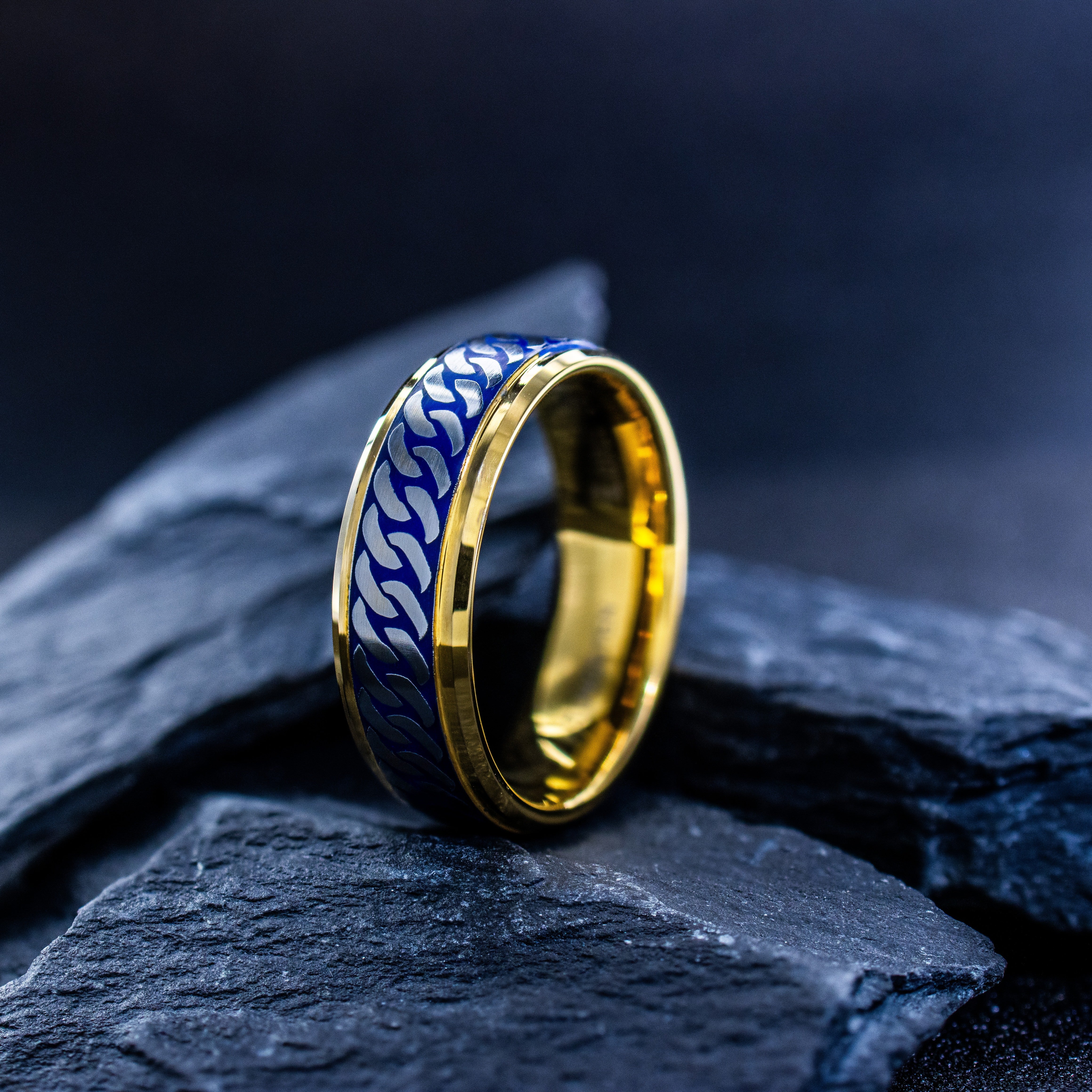 Royal Blue Enamel Curb Link Ring, 8mm Yellow Gold Plated Tungsten Carbide Band